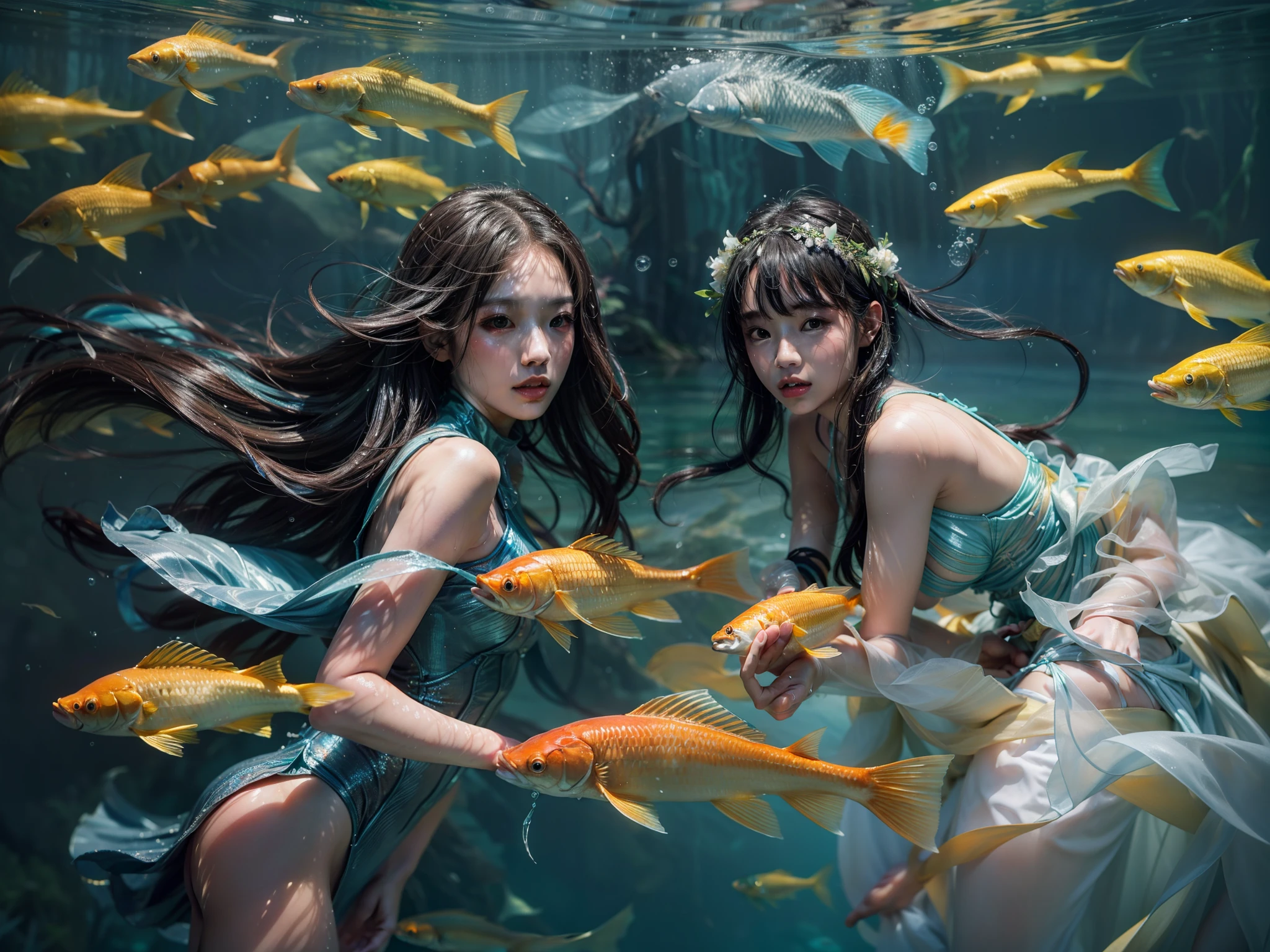 （Realistis：1.4）They are two women in dresses in water with fish, Cinematic. author：Leng Jun, Fantasy photography, closeup fantasy with water magic, yanjun cheng, floathing underwater in a lake, wlop and ross thran, By Fei Danxu, underwater photography, Zhang Jingna, Ethereal fantasy, & jeehyung lee
