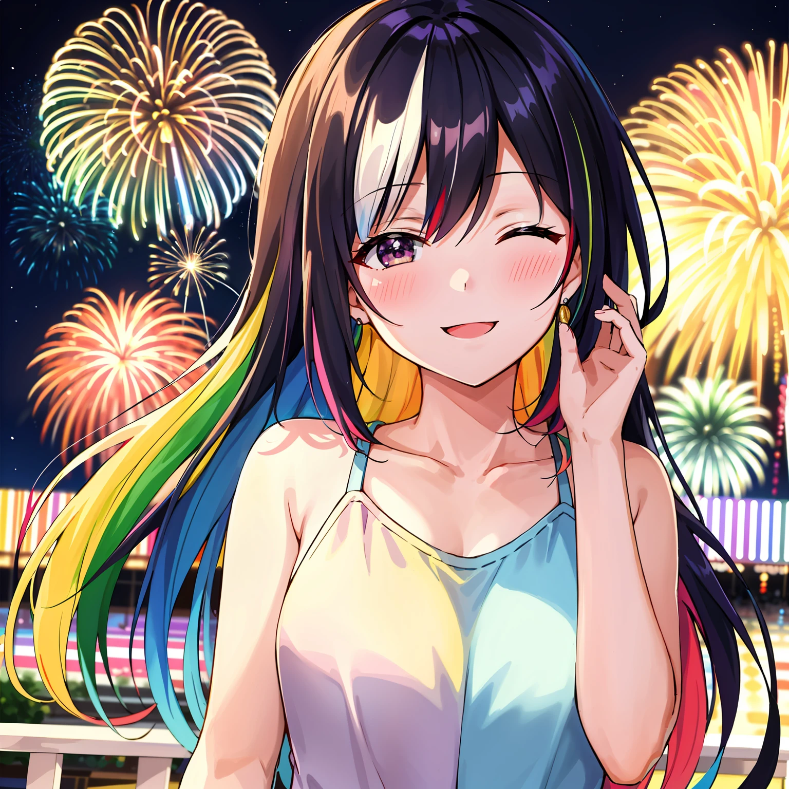 超A high resolution, nffsw, Best aesthetic, Best Quality, masutepiece, a couple,The best smile, Smile and close your eyes, Very big mouth smile, rainbow hair, multicolored hair, rainbow eyes, Stalls and fireworks background