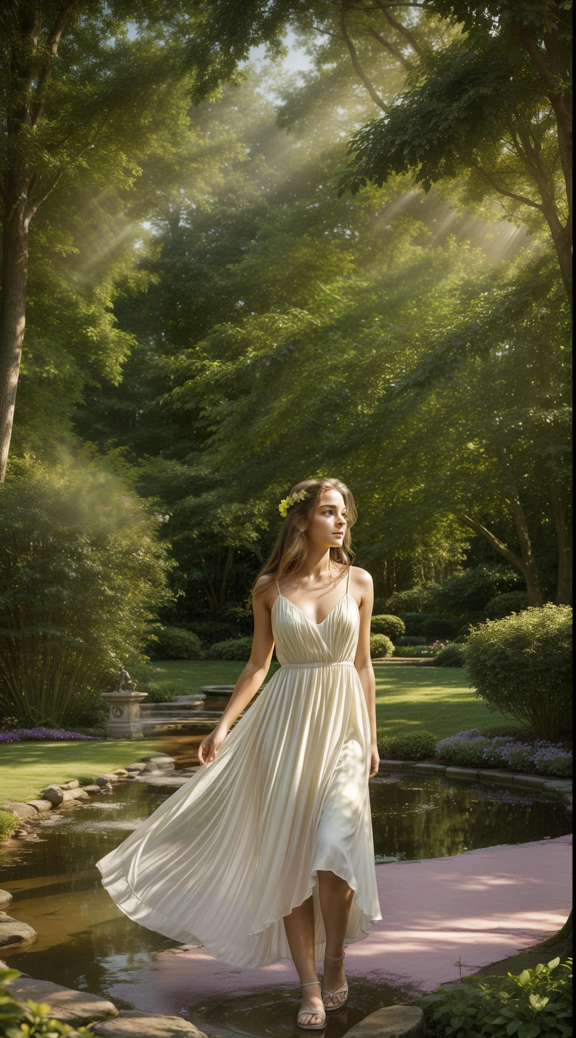 A young woman with a delicate expression, around 18 years of age, occupies the center of the image. She's dressed in an elegant, light fabric dress, possibly silk or chiffon, that dances in the breeze. The pastel shades of the dress highlight her youth and freshness. Her hair is loose, accentuated by the sun's rays filtering through the surrounding trees.
The image is set in an idyllic backdrop. Behind the young woman, a beautiful garden unfolds, brimming with flowers in hues of pink, white, and yellow. Beyond the flowers, large trees and verdant bushes adorn the landscape, creating an atmosphere of tranquility and beauty. The soft sunlight, shining through the leaves of the trees, casts a pattern of shadows on the scene, adding an ethereal quality to the image.
In this landscape, the young woman appears perfectly at ease, as if she were in her own piece of paradise. Her countenance is soft, almost dreamy, as if she's lost in pleasant thoughts. Her posture is graceful and relaxed, making her seem even more part of this serene and charming environment.
In the lower right corner of the image, a small stone fountain contributes to the scene with a pleasant and soothing sound of running water. This is an image of beauty, serenity, and youth, a perfect combination of a unique moment captured in time.