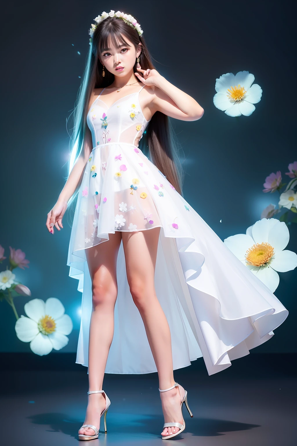(8K, RAW photo:1.2),1 girl,(Long hair:1.31),Earrings, Hair rings, necklace, Cinematic lighting, Best quality, 超高分辨率, (Photorealistic:1.3), angle of view ,(Solo:1.1), (view the viewer:1.331),(parted lip:1.1), (eyeslashes:1.1), (cheerfulness:1.21), (Depth of field:1.1), Lens flare, (color difference:1.1), (Caustics:1.1), (scattered luminous petals:1.331),  ulzang-6500-v1.1,(((Dreamy asymmetrical dress))),(((full body))),((High heels))