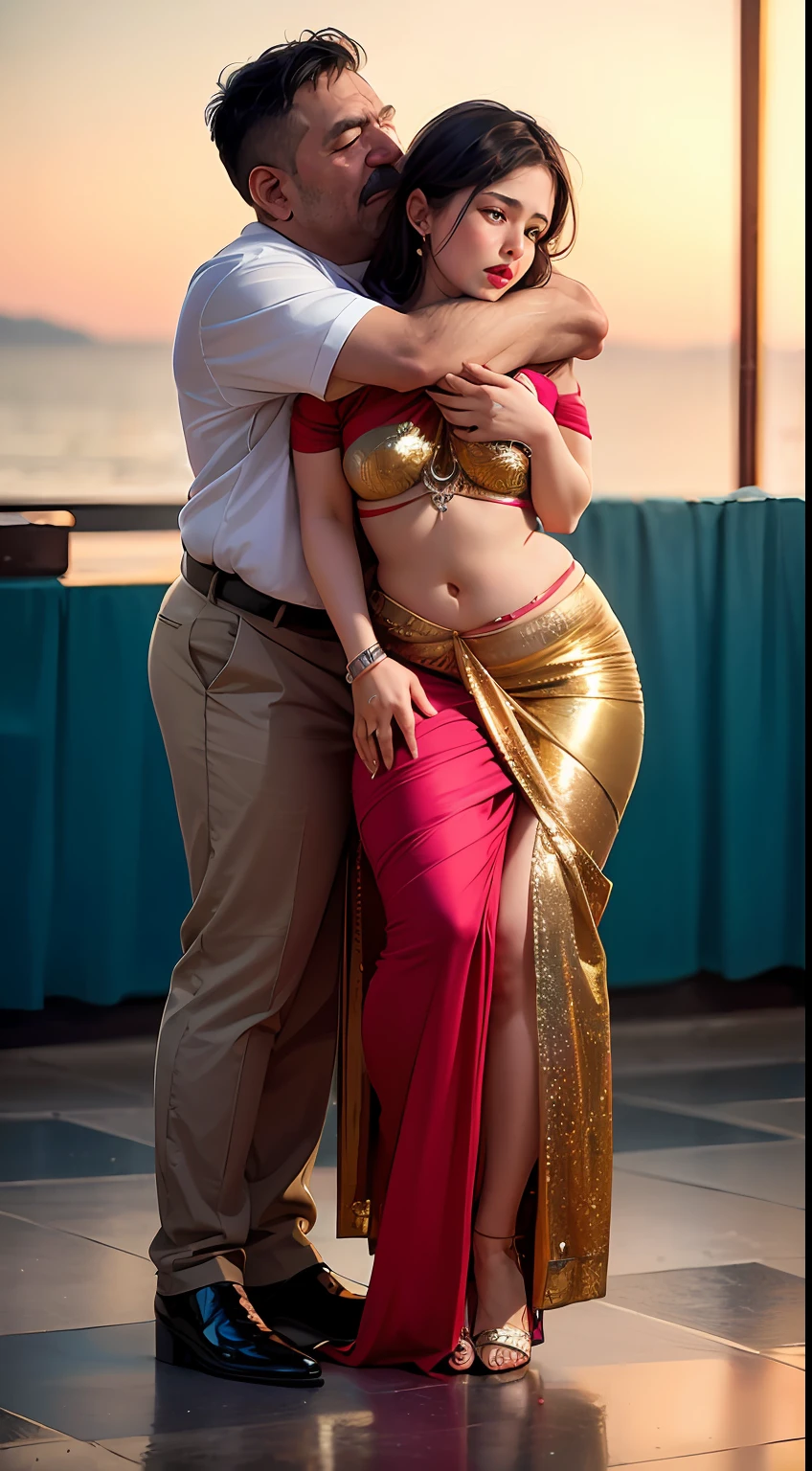 perfect face (muslim), (), (curvy:1.4) saree wlop perfect full HDR body exposed midriff curvy indian armpits bellydancer 8k high res knees ankles , cleavage (sn:1.6) depth of field (full body shot) (high heels)(uncle huging a girl :1.8)