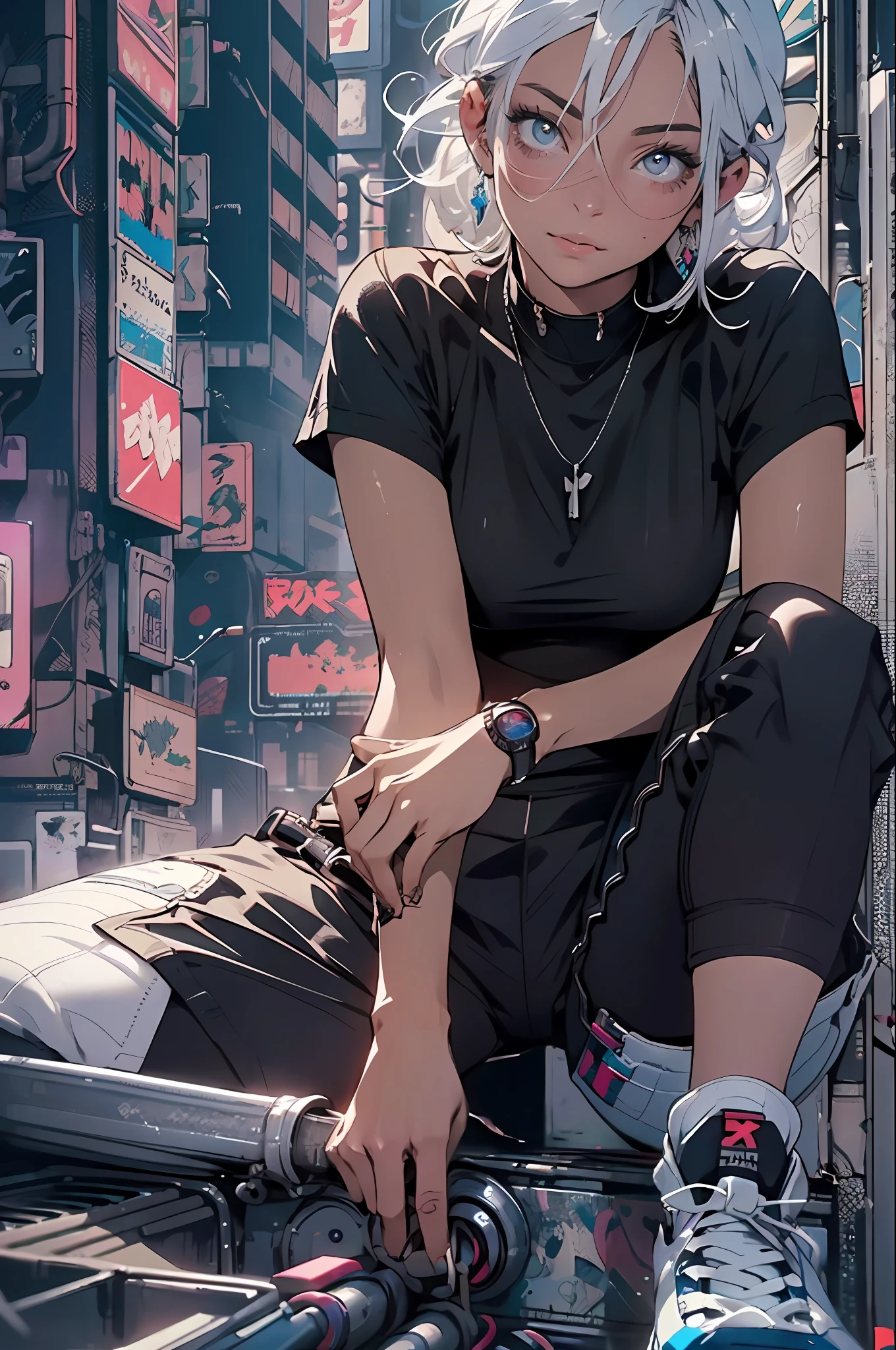 (cyberpunk:1.3) , Stylish woman looking at camera, black pants, black t-shirt, melancholic lighting, quiet, calm, brightness, masterpiece, best quality, 1girl, (JinxLol:1.2), (ultra photorealistic:1.3), (masterpiece:1.4), best quality, ((realistic)), high quality, ultra detailed, ((real image)), ((realistic skin)), ((realistic face)),(illustration:1.05), (beautiful:1.05), (beautiful detailed eyes:1.05), (cinematic light:1.1), blue on the detachments,  perfect whole body, slender silhouette, slim, small breasts, thick thighs, black and blue clothing, white sneakers