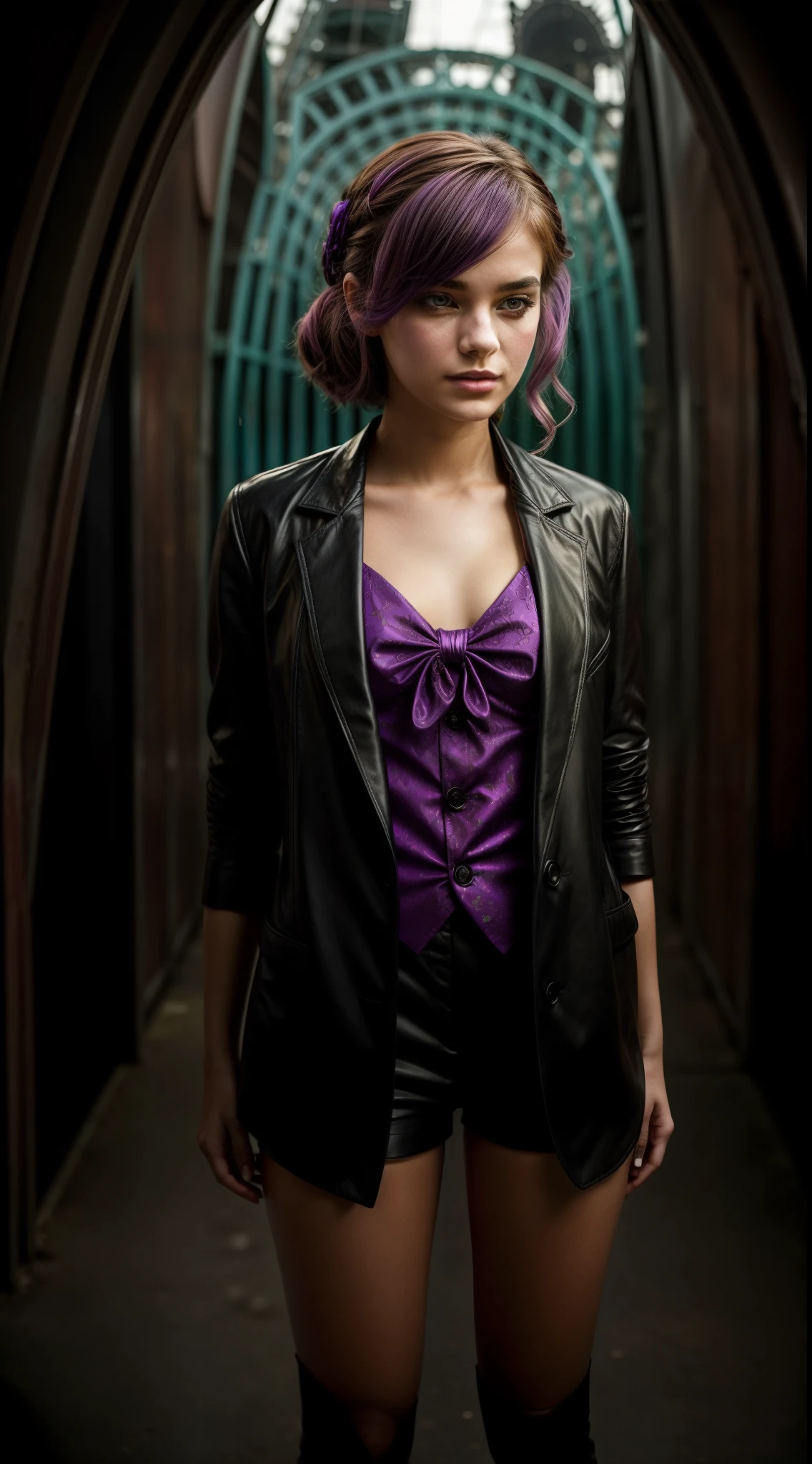 The image centers on a young woman around 18 years old, with a delicate expression. She's dressed in an unexpected yet striking outfit reminiscent of the iconic Joker, adding a captivating and whimsical edge to her appearance. The outfit features a vibrant purple suit tailored to fit her, complete with a matching vest. Underneath the vest, she wears a vibrant green silk shirt that contrasts starkly yet beautifully against the purple. Her look is completed with a neatly tied, flashy orange bow tie and a pair of sleek, black leather shoes.
Her face is subtly made up with a hint of Joker's signature style. There's a playful glint in her eyes, and her lips are curved in a mysterious smile. Her hair, let loose, softly frames her face and enhances the playful and enigmatic aura surrounding her.
This picture is set against the backdrop of an abandoned yet strikingly beautiful amusement park. The faded colors of the rollercoaster and the Ferris wheel in the background seem to tell a story of their own, creating a dramatic and intriguing atmosphere. Despite the eerie vibe of the location, the young woman stands out with an aura of unwavering confidence, adding a captivating element to the overall composition.
The image portrays a blend of elements that are both unexpected and captivating: a serene young woman dressed in the attire of a notorious character, set against a melancholic yet intriguing backdrop. It's a perfect fusion of contrasting themes – youth and maturity, tranquility and chaos, beauty and eeriness.