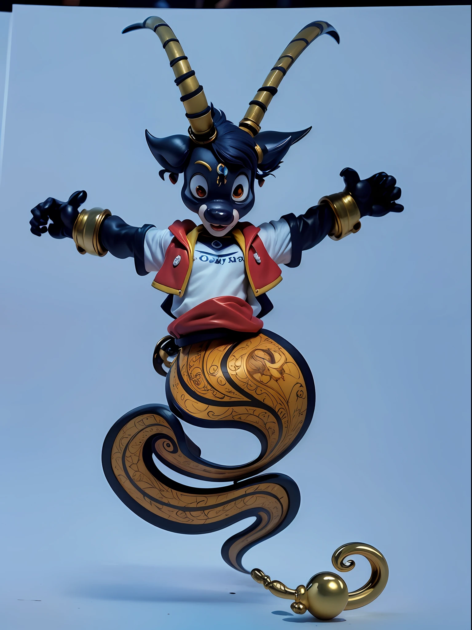 Crie uma imagem de um personagem  , o Magic Lever , inspirado nos personagens 3D da Pixar Studios. He's a giant palanca, com o corpo humano da cintura para baixo, exibindo uma pelagem negra brilhante com uma barriga e patas brancas. The horns are imposing and curved, conveying majesty and mystery. Aladdin veste uma camiseta branca de manga curta, Paired with a red vest with golden accents that enhance its magical air. Uma faixa vermelha adorna sua cintura, e um brinco de ouro em formato de argola enfeita uma de suas orelhas. Nos punhos, ele usa dois braceletes de ouro. His look is charismatic and captivating, especially for children. Represent your friendly and welcoming personality in the pose, while he is ready to satisfy people's magical desires, emanando sabedoria e generosidade. Make sure the image captures your magical aura, revealing him as a true guardian of dreams. A imagem deve ser desenhada em 3D, with attention to detail that reflects the style of Pixar Studios. Lembre-se de criar uma pose que transmita o tipo e a natureza atraente de Aladdin, to delight children and adults who observe it.