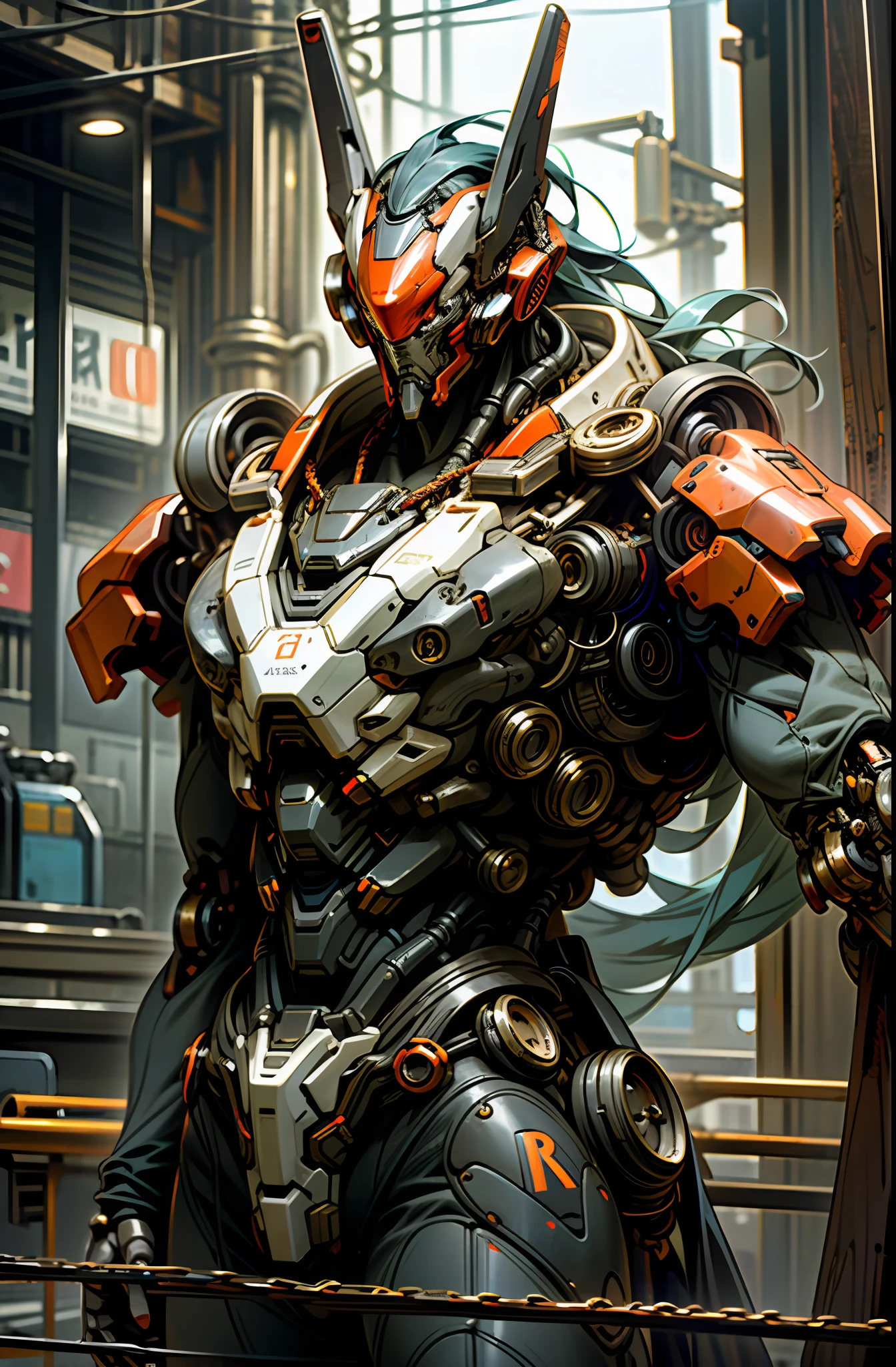 Dark_Fantasy,Cyberpunk,(chain saw,chain saw man,Red:1.1),1man,Mechanical marvel,Robotic presence,Cybernetic guardian, wearing a worn-out mech suit, intricate, (steel metal [rusty]), elegant, clear focus, shot by greg rutkowski, soft lighting, vibrant colors, masterpiece, ((street)), cowboy shot, dynamic pose,
