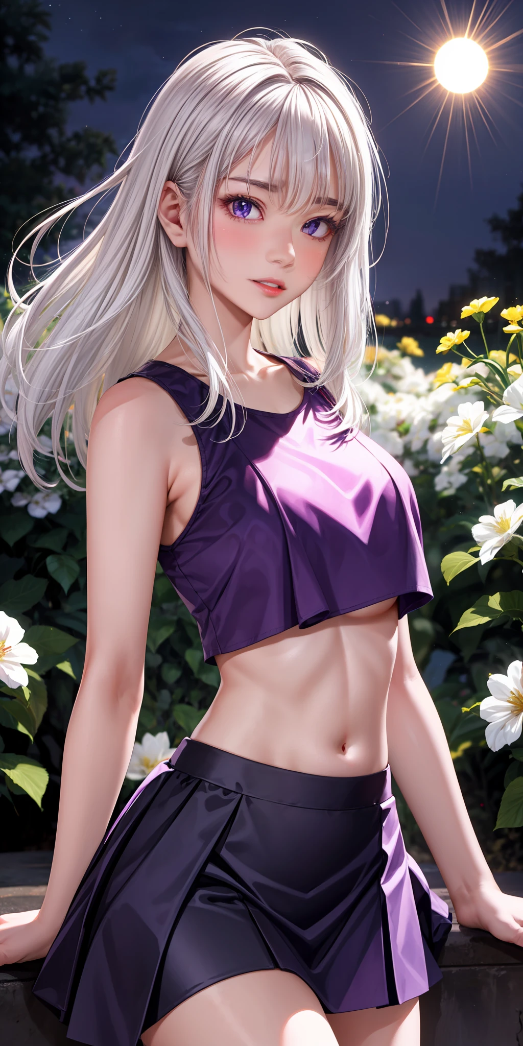 realistic, 1girl, white hair, purple eyes, glowing eyes, crop top, skirt, parted lips, blush, night, flowers, sun, sunlight,