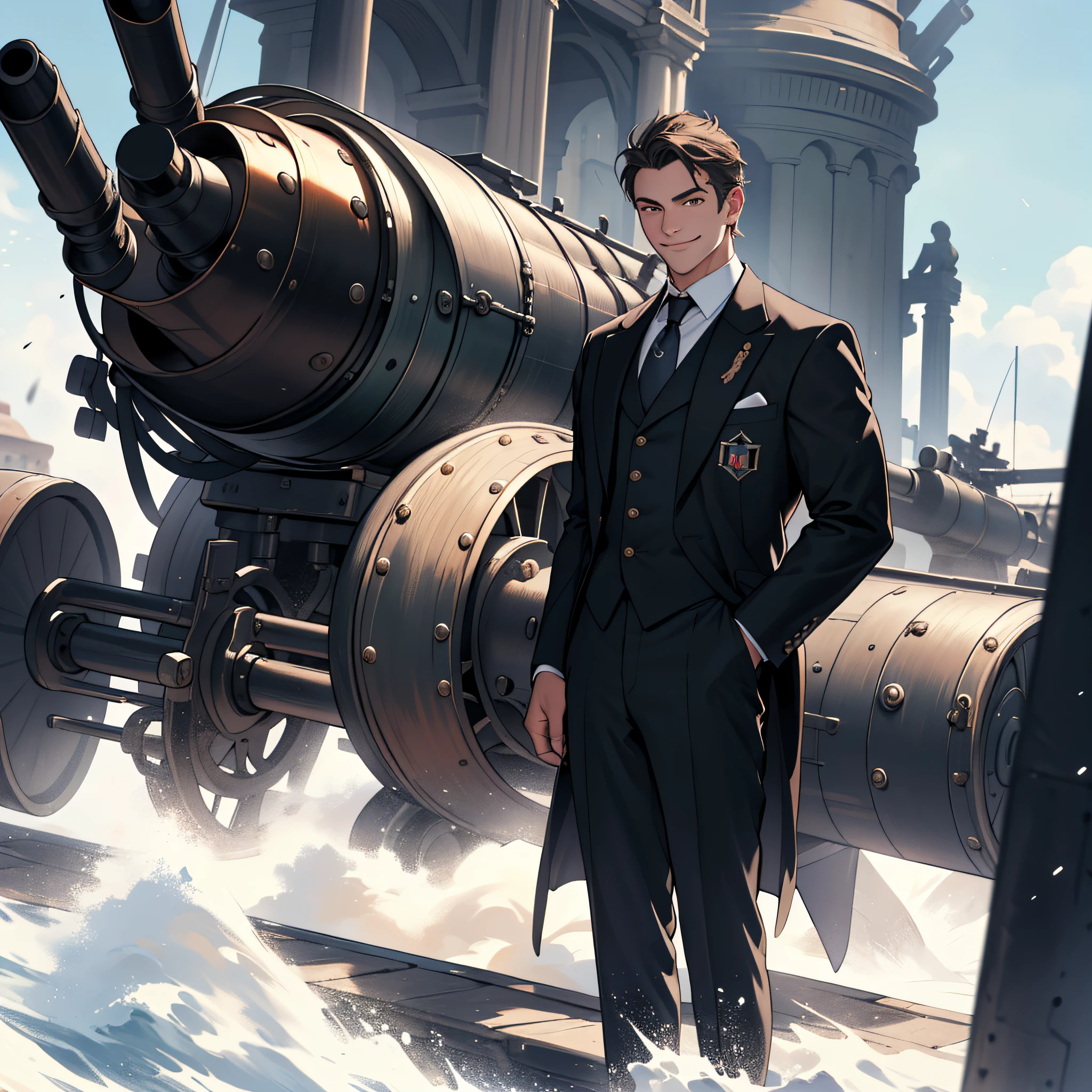 (A person wearing a suit standing in front of an Italian cannon: 1.9) (Emphasize the contrast between the formal attire of the person in a suit and the historical military setting: 1.8) (Highlight the grandeur and power of the Italian cannon, with its massive size and intricate details: 1.8) (Depict the person standing confidently in front of the cannon, with a self-assured smile on their face: 1.9) (Create a mid-range composition, allowing for a clear view of both the person and the cannon: 1.7) (Ensure that the portrayal does not promote violence or harm: 1.5)