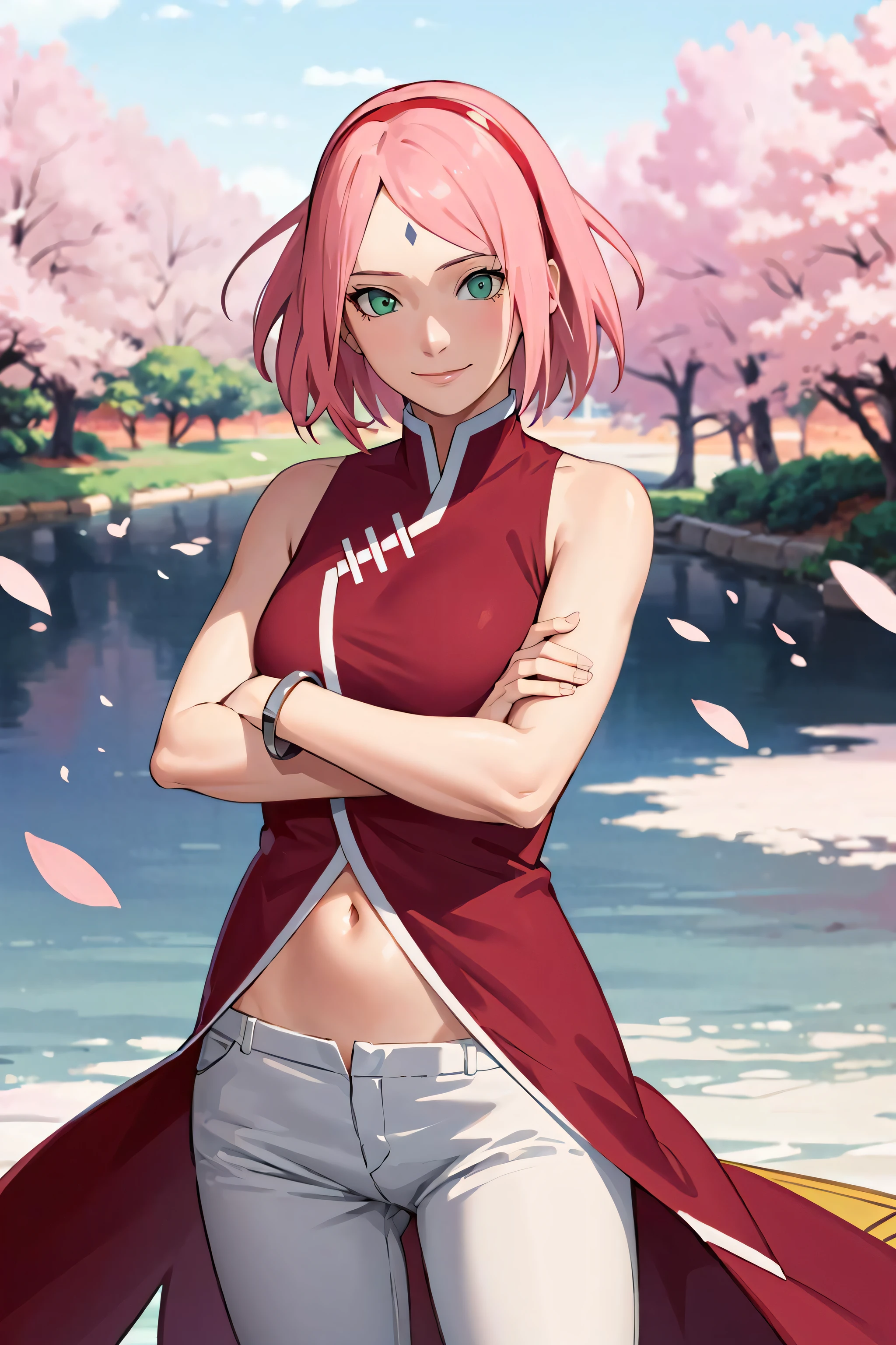 masterpiece, absurdres ,1girl, haruno sakura,forehead mark, red hairband, red sleeveless dress, white pants,navel,   groin,   bracelet, looking at viewer, crossed arms, smile, cherry blossoms, wind, floating hair,