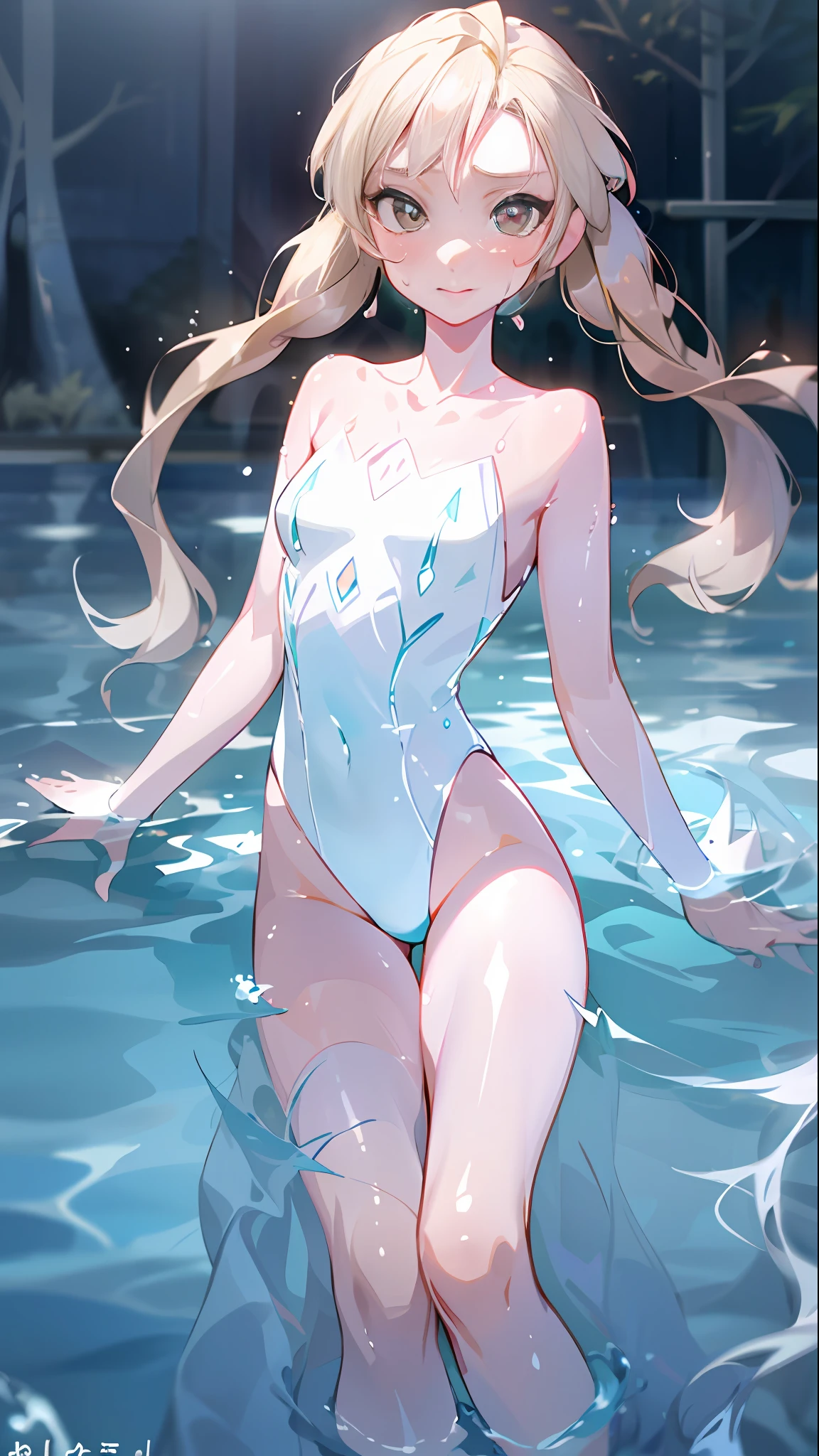 elsa of arendelle、1girl in, 独奏,(Floating in the pool)white swimwear, masterpiece, top-quality, realisitic, ultra-detailliert, A slender, (Glossy skin、Sweaty:1.4), absurderes, Look at viewers, short twintails, a blond, brown-eyed, 动态照明, hight resolution, foco nítido, depth of fields, A detailed eye, Sharp pupils, Realistic pupils, (small tits:1.3), (thighs thighs thighs thighs:1.1),Being in the pool up to your chest