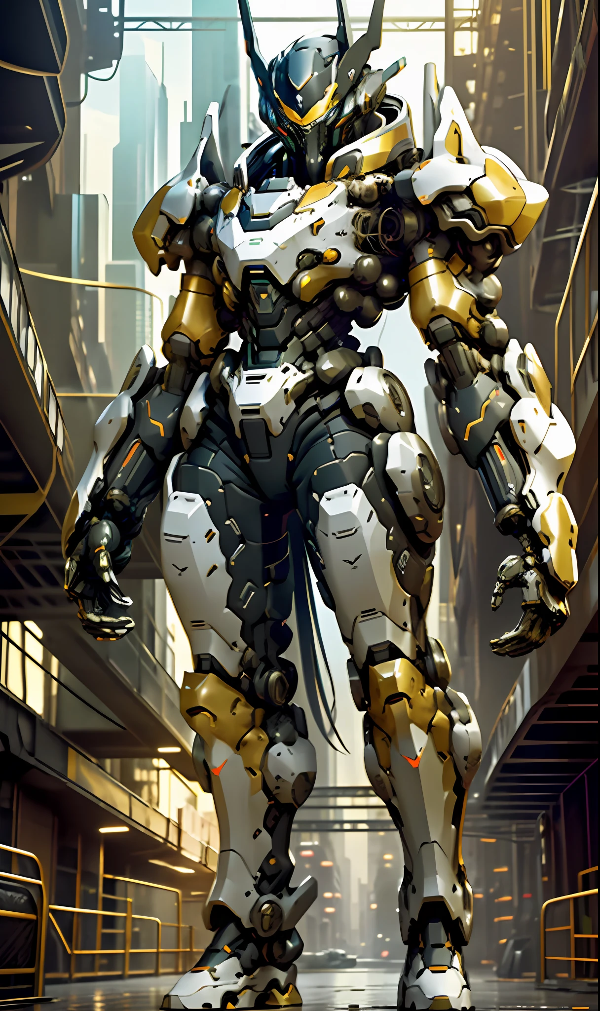 1 woman inside a huge bulky exoskeleton robot , ((bulky)) armor, crystal mecha, psychedelic details,
9d,(city war background), clean lines, negative space, high contrast, gradient color, (golden black),show full body portrait , best images quality, perfect resolution, moody, sharp focus