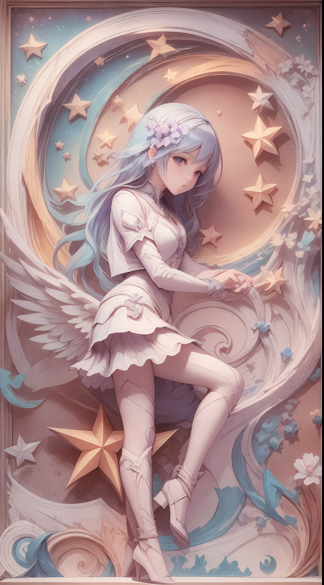 illustration: 1.3), paper art, 3D rendering of, Colorful background, (Beautiful girl: 1.3), (Masterpiece Angel: 1.2) (Masterpiece star: 1.2) ,(Masterpiece Star Moon: 1.2) Colorful, Best quality, Detailed details, Masterpiece, offcial art, movie light effect, 4K, Chiaroscuro , Flash