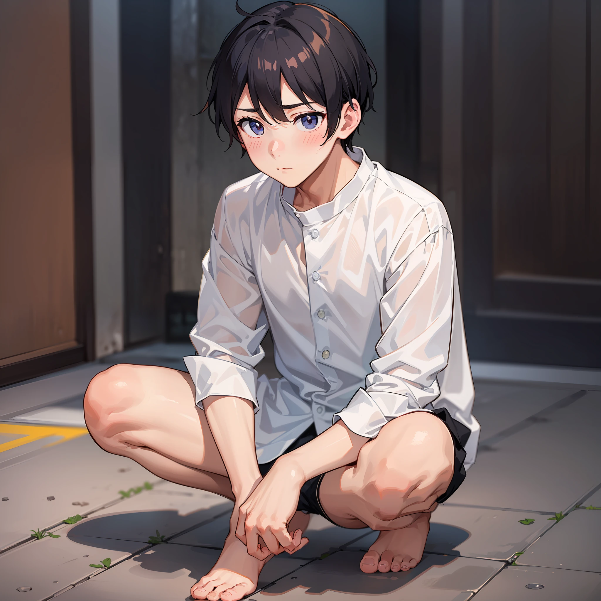 ((A boy)),adorable captivating,in a white shirt,He looked sad,Barefoot,sat on the ground。The blush gradually rises,Shy, But handsome。The picture style is fresh and simple,Rendered like a comic,The lens is shown as a vista,(Anime style+Soft cute),Anatomically correct,Accurate