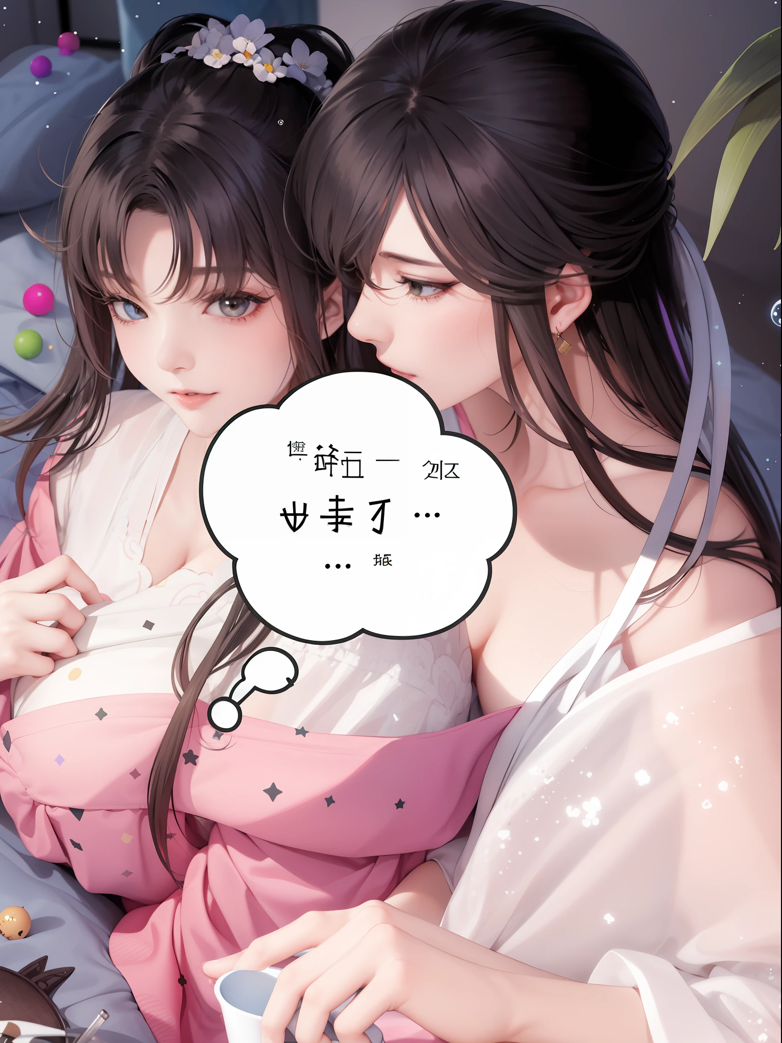 Arad image of a pair of women with a bubble of thought, Middle metaverse, comic strip, inspired by Ma Yuanyu, Guviz, large view, fantrome, trending on cgstation, Chiba Yuda, trending at cgstation, author:Shitao, xianxia fantasy