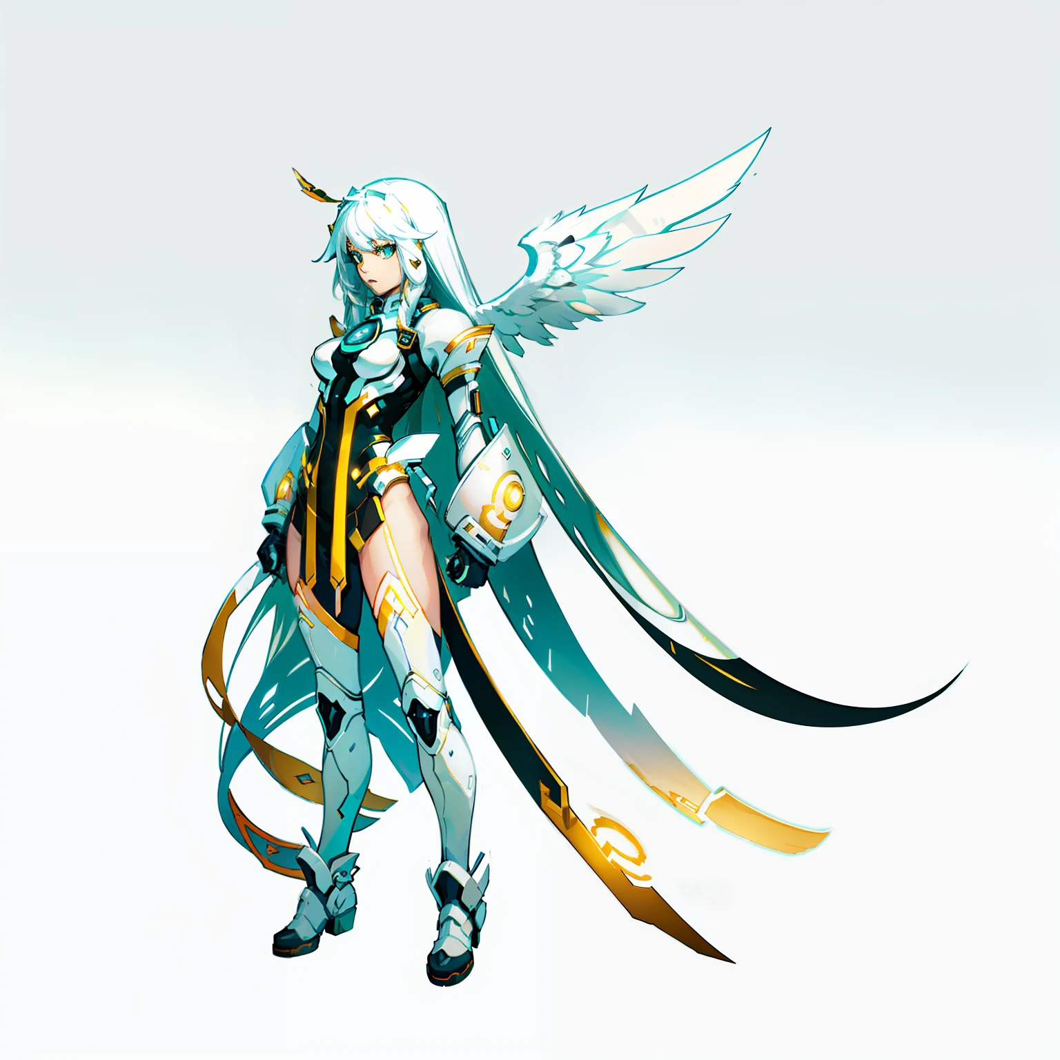 Guardian, Angel, Female, Android, white long hair, full body shot, no background, gradation
