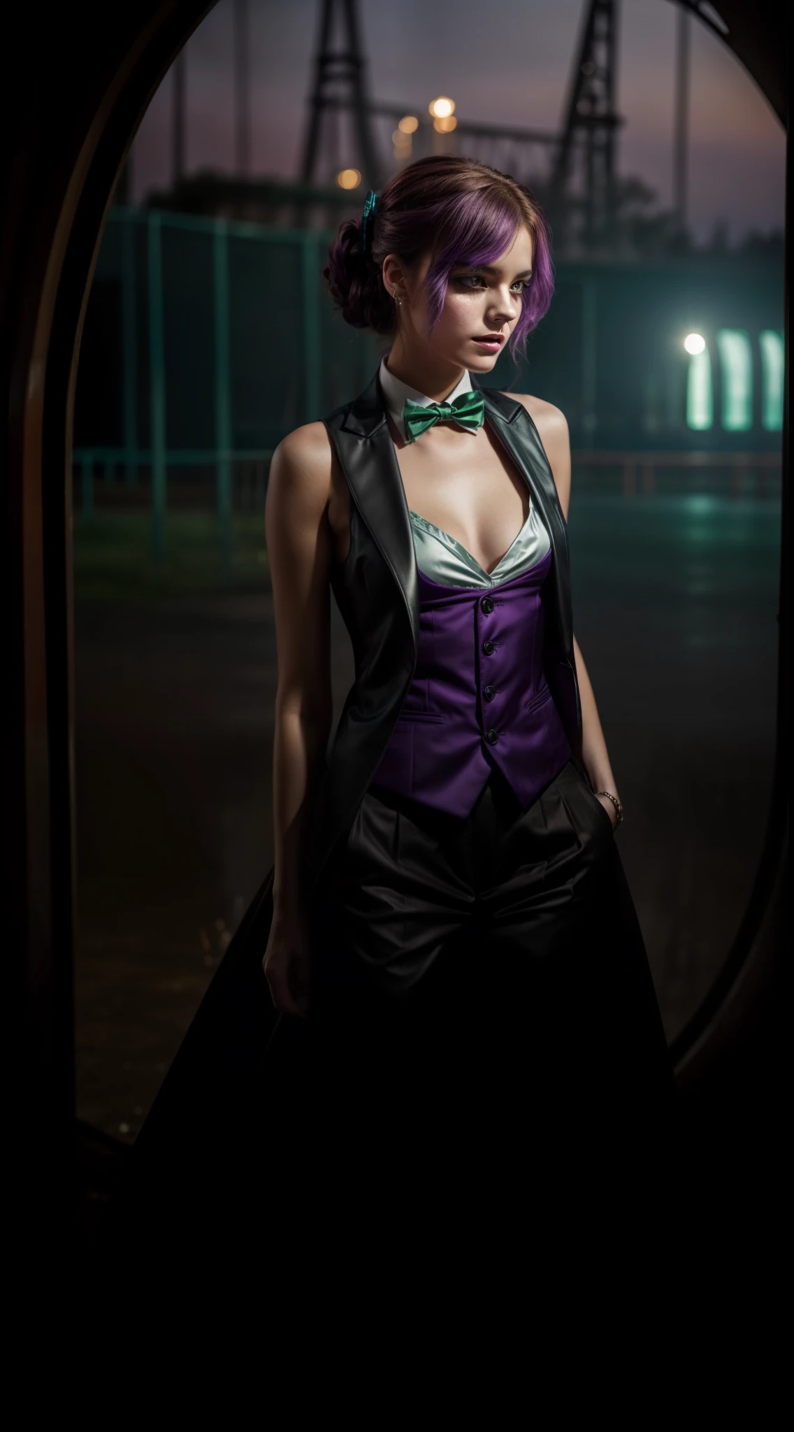 The image centers on a young woman around 18 years old, with a delicate expression. She's dressed in an unexpected yet striking outfit reminiscent of the iconic Joker, adding a captivating and whimsical edge to her appearance. The outfit features a vibrant purple suit tailored to fit her, complete with a matching vest. Underneath the vest, she wears a vibrant green silk shirt that contrasts starkly yet beautifully against the purple. Her look is completed with a neatly tied, flashy orange bow tie and a pair of sleek, black leather shoes.

Her face is subtly made up with a hint of Joker's signature style. There's a playful glint in her eyes, and her lips are curved in a mysterious smile. Her hair, let loose, softly frames her face and enhances the playful and enigmatic aura surrounding her.

This picture is set against the backdrop of an abandoned yet strikingly beautiful amusement park. The faded colors of the rollercoaster and the Ferris wheel in the background seem to tell a story of their own, creating a dramatic and intriguing atmosphere. Despite the eerie vibe of the location, the young woman stands out with an aura of unwavering confidence, adding a captivating element to the overall composition.

The image portrays a blend of elements that are both unexpected and captivating: a serene young woman dressed in the attire of a notorious character, set against a melancholic yet intriguing backdrop. It's a perfect fusion of contrasting themes – youth and maturity, tranquility and chaos, beauty and eeriness.