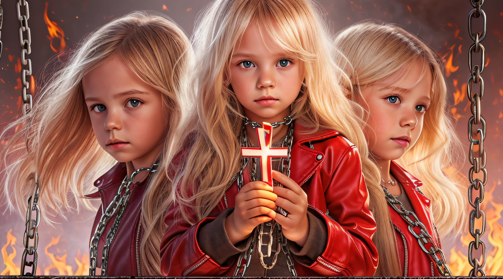 A half body, portrait of 3 girls German children long platinum blonde hair of 12 years, red leather jackets, holding in their hands a cross, background of chains, chain, more chains, many chains, , red, red fire, many background flames.