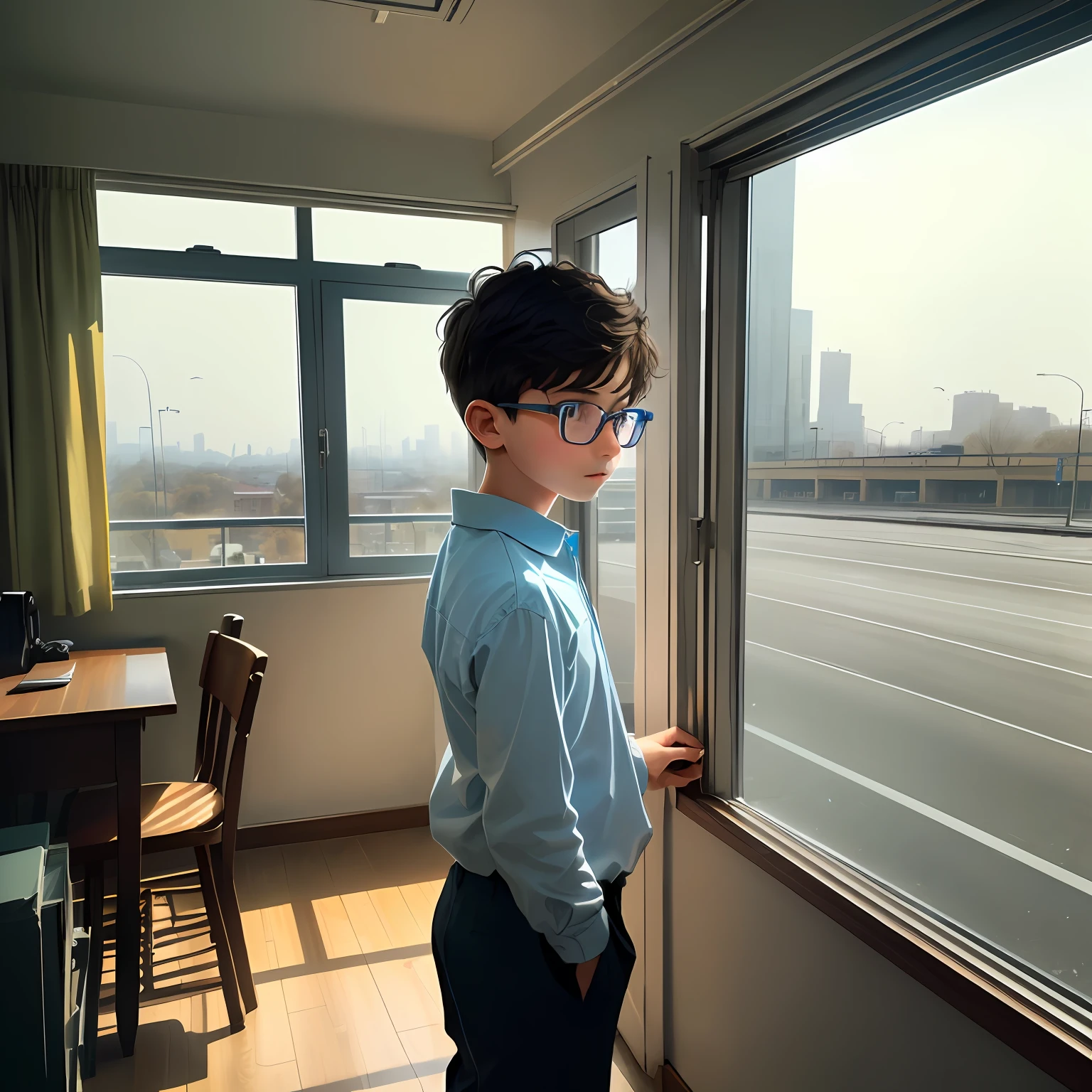 A boy with glasses stood at the window watching the traffic outside