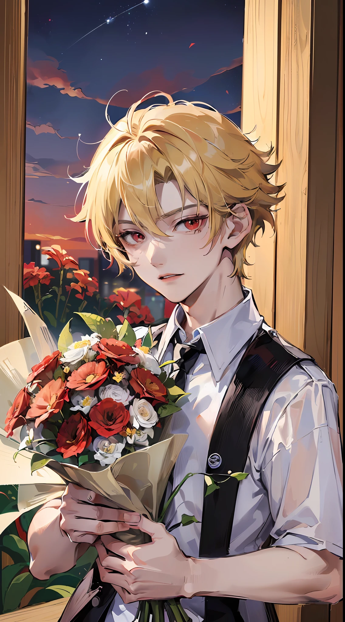 Master masterpiece、best qualtiy、8K、(16 years old male:1.5)、Bakugan Moon(Bakugoukatsuki),(short blonde hair and red eyes:1.2),(Composition holding out a large bouquet:1.4)、Menacing face、White shirt with short sleeves、red necktie、Beautiful sky background