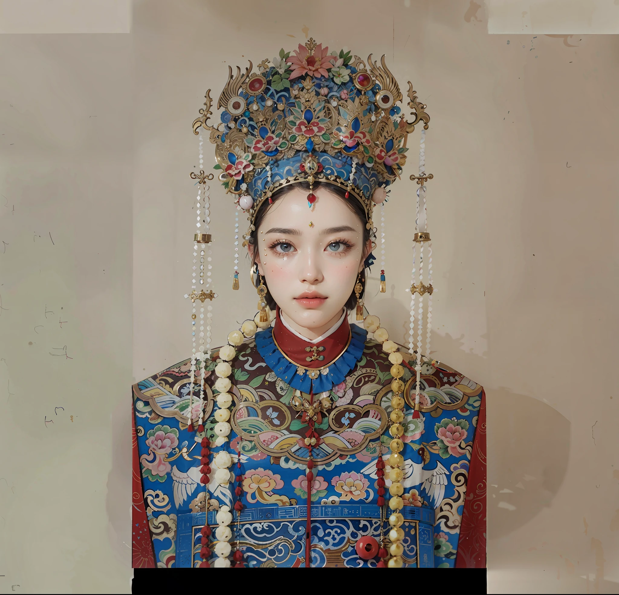 Break， 1girll， 独奏， looking at viewert， Wearing a phoenix crown on his head，gold jewels，Hanfu（Young cute and beautiful 21 year old girl：1.1）， 3D 脸， beuaty girl， beauitful face， Pretty big breasts， Girl face， Kpop idol，（Chinese style hand drawn background，Fresh and elegant background，）， Supermodel， stunning innocent symmetry face， （Empress of ancient China）， Perfect body， （highdetailskin：1.2）， glowing light eyes， goddes， Natural skin texture， Glossy glossy skin， white skinned， beautiful  detailed face，详细的脸，Authentic skin texture，Cute and delicate face，Fine face，the golden ratio，face in golden proportions，Expressive eyes，s the perfect face，Perfect skin，Flawless face，Clear face，shinny hair，paleskin， Proper body proportion，perfect anatomia，realistic skin textures，lusciouslips，Glossy lips，Natural makeup，beautiful bright pupils，slender figures，complex eyes，Detailed pupils， Detailed face and eyes， long eyelasher， Blushlush， nice hand， perfect hand， Nice face， beautiful female bodies， finelydetailedskin， Oily glowing skin， Break， （（（（（Pedras preciosas， Forbidden castle on the mountain， pixelart， art for the game， Critical vision， hyper realisitc））））， Break， （PureErosFace_V1：0.5）， （Ulzzang-6500：0.5）， （kbxll：0.6），