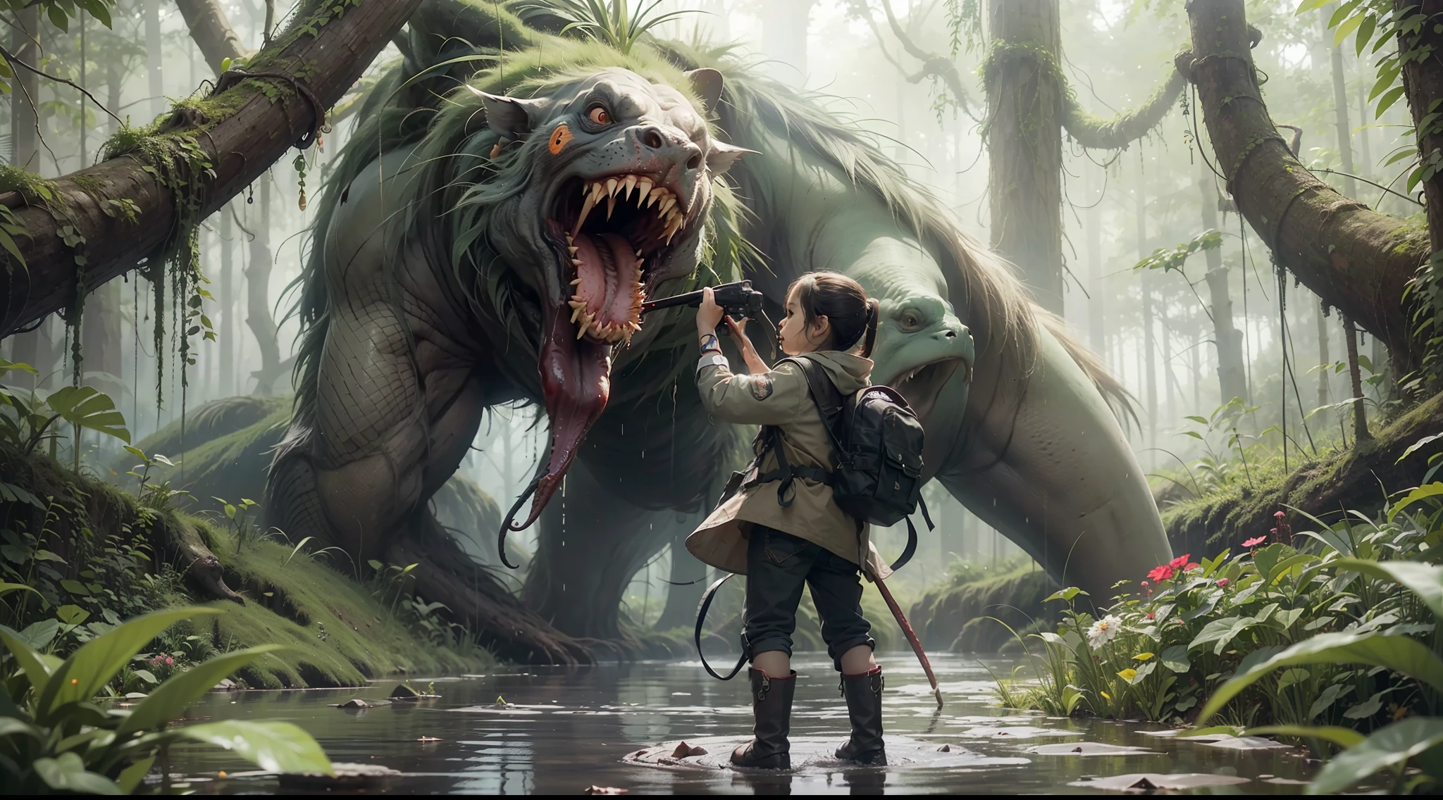 Dense jungle,Rough and damp trees,Huge thick vine,weeds,water puddles,marshes,((5-year-old child adventurer standing in front of a huge man-eating flower)),Piranha,adventurer clothing,brutal,bloodthirsty,attacking,bloods,heavy bleeding,super-fine,Works of masters,high qulity,8K分辨率,depth of fields,电影灯光,Epic shooting