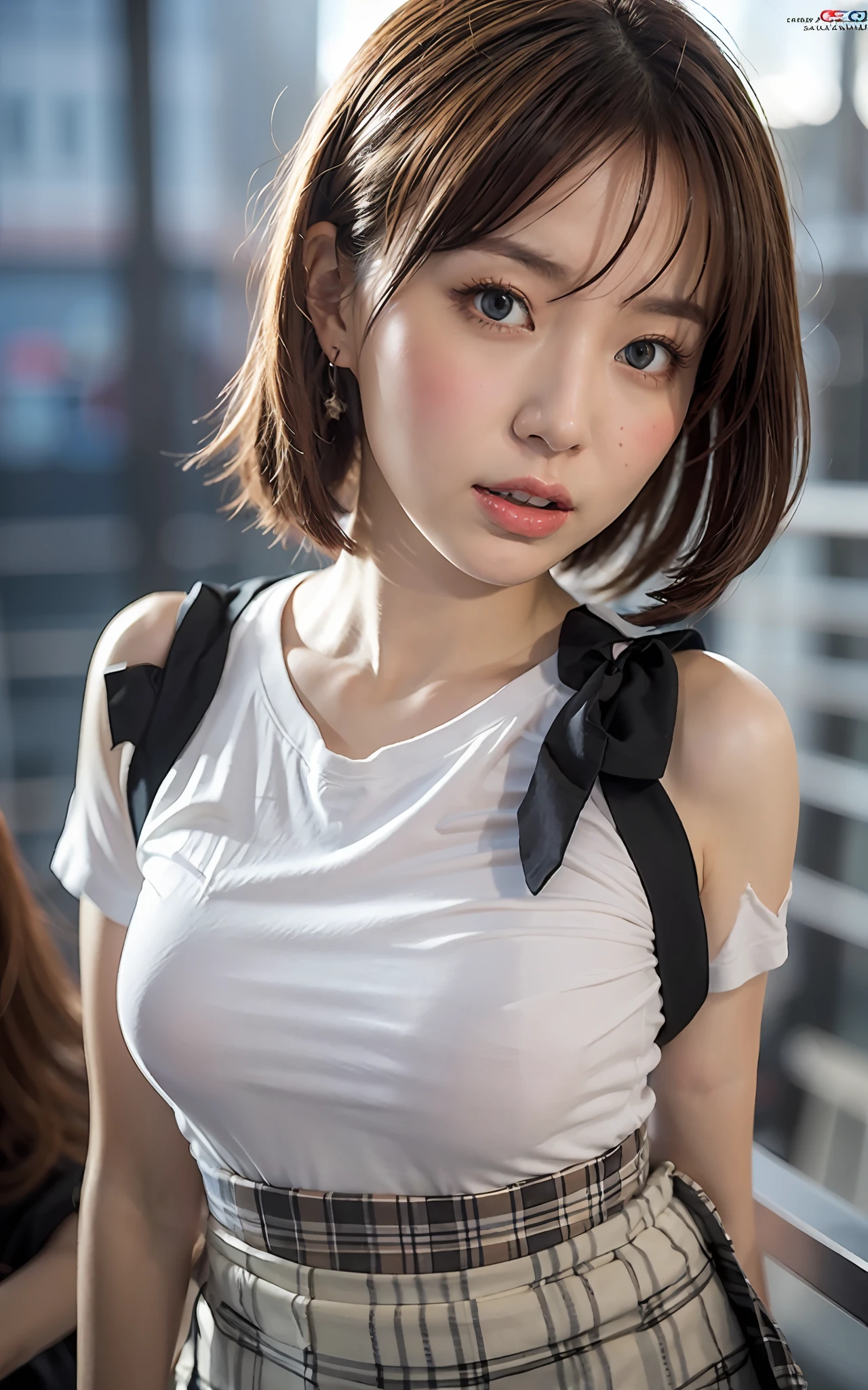 extremely detailed CG unity 8k wallpaper, best quality, ultra-detailed, masterpiece, realistic, photo realistic, extremely detailed cute girl, 20years old, (skirt lift), ((skirt lift by myself)), white panties , panties focus, blush, parted lips, looking at viewer  , half body shot , wearing white t-shirt  , crowd, crowded city,