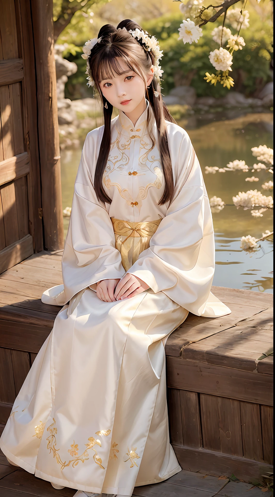 (8k, best quality, masterpiece:1.2), (realistic, photo-realistic), (1girl), solo, detailed golden eyes, long hair, sitting, close to viewer, (Hanfu, ming, ming Dynasty, ming clothing: 1.4), light smile, (arms behind back), water, sunny, (Sakura bloom), snow mountain lake in the background,