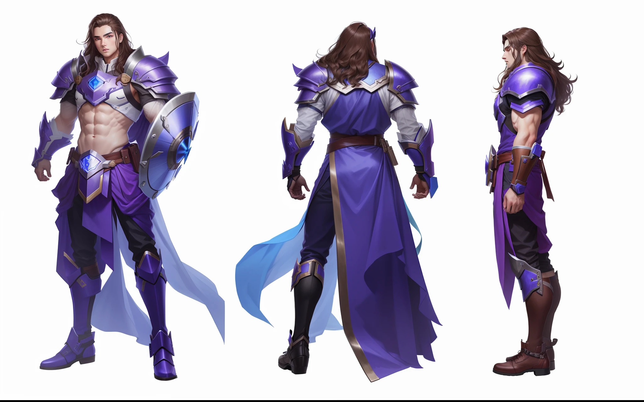(Best image quality,超高分辨率,最好质量,ultraclear,Works of masters,s the perfect face,Exquisite facial features,)League of Legends character,male people,Blue and purple armor,Holding a shield,Three View,standing on your feet,full bodyesbian,obi strip,trouser,long whitr hair,looking at viewert,mitts,Shoulder blades,Fingerless gloves,brown hair,concept-art
