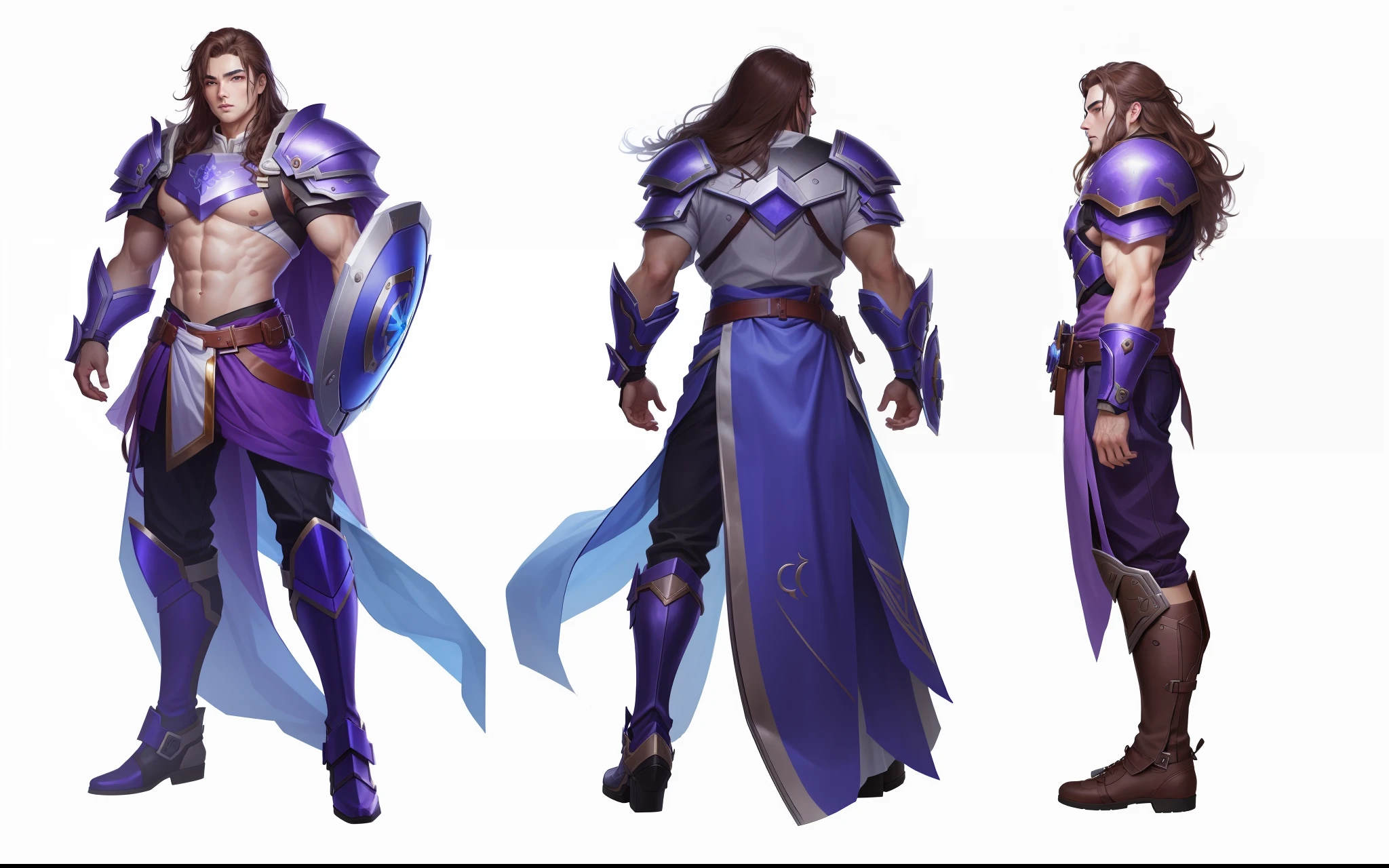 (Best image quality,超高分辨率,最好质量,ultraclear,Works of masters,s the perfect face,Exquisite facial features,)League of Legends character,male people,Blue and purple armor,Holding a shield,Three View,standing on your feet,full bodyesbian,obi strip,trouser,long whitr hair,looking at viewert,mitts,Shoulder blades,Fingerless gloves,brown hair,concept-art
