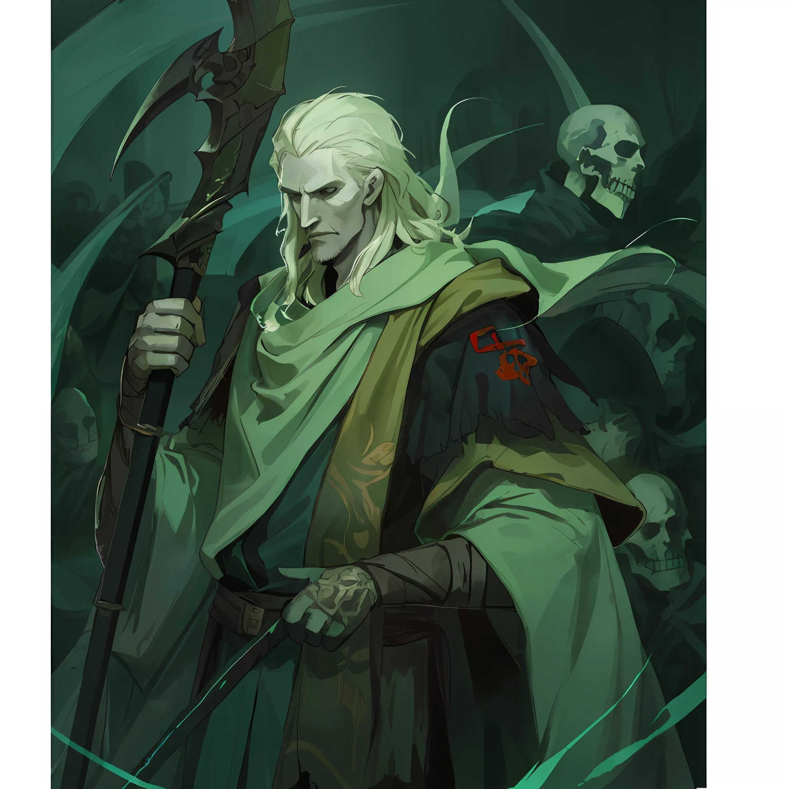 A man wears a tattered green cloak，masked，man with scythe。He is a necromancer，Surrounded by the breath of death，Cast evil spells。 magia，the witcher，undead mage，darkly