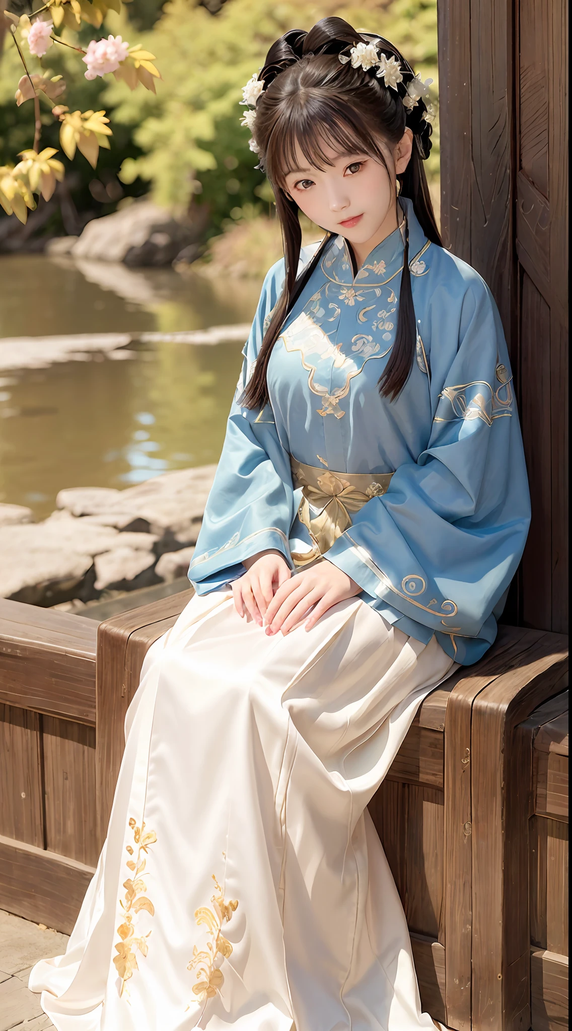 (8k, best quality, masterpiece:1.2), (realistic, photo-realistic), (1girl), solo, detailed golden eyes, long hair, sitting, close to viewer, (Hanfu, ming, ming Dynasty, ming clothing: 1.4), light smile, (arms behind back), water, sunny, (Sakura bloom), snow mountain lake in the background,