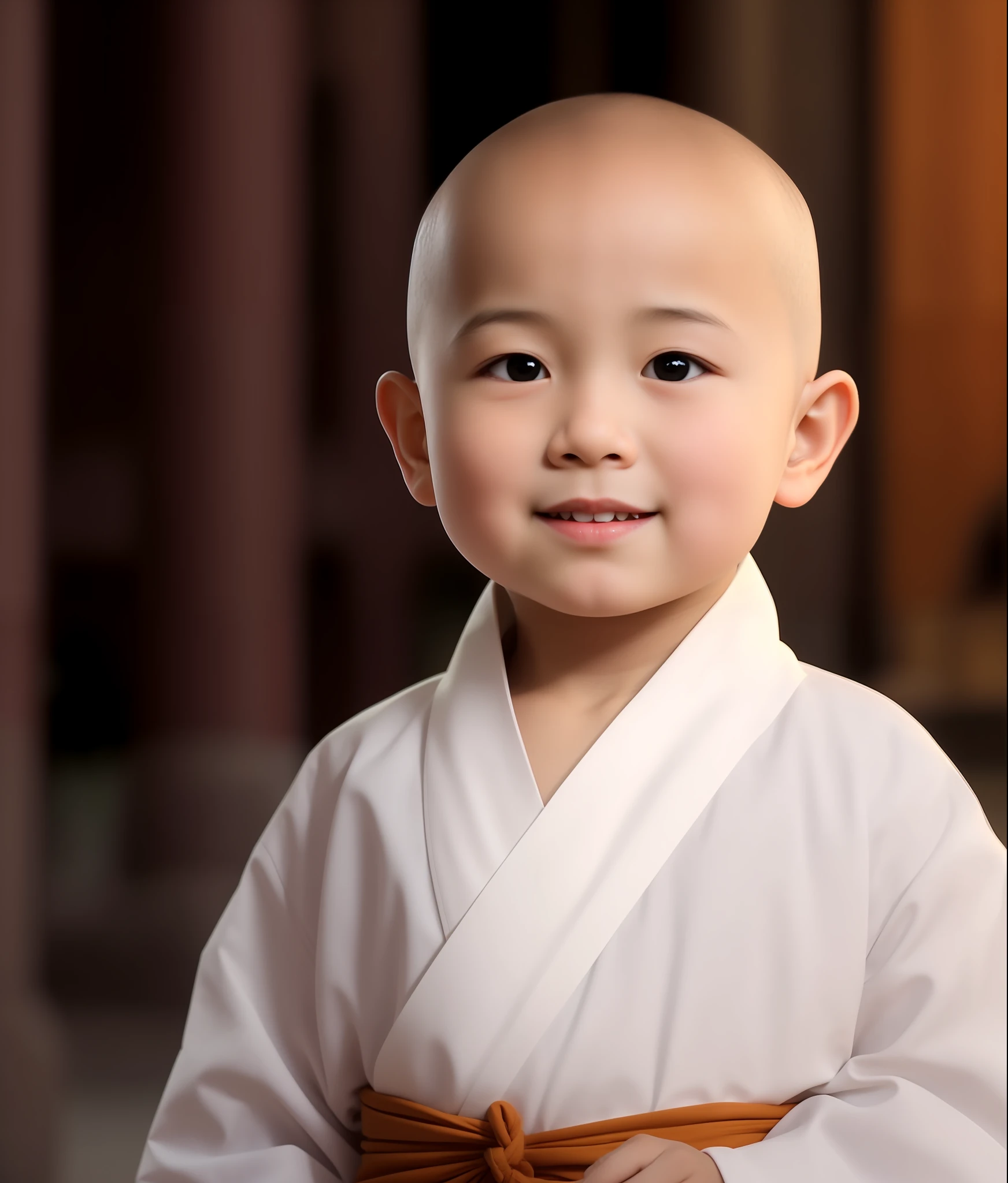 3  cute little monk meditating at the temple，ssmile，had his hands folded