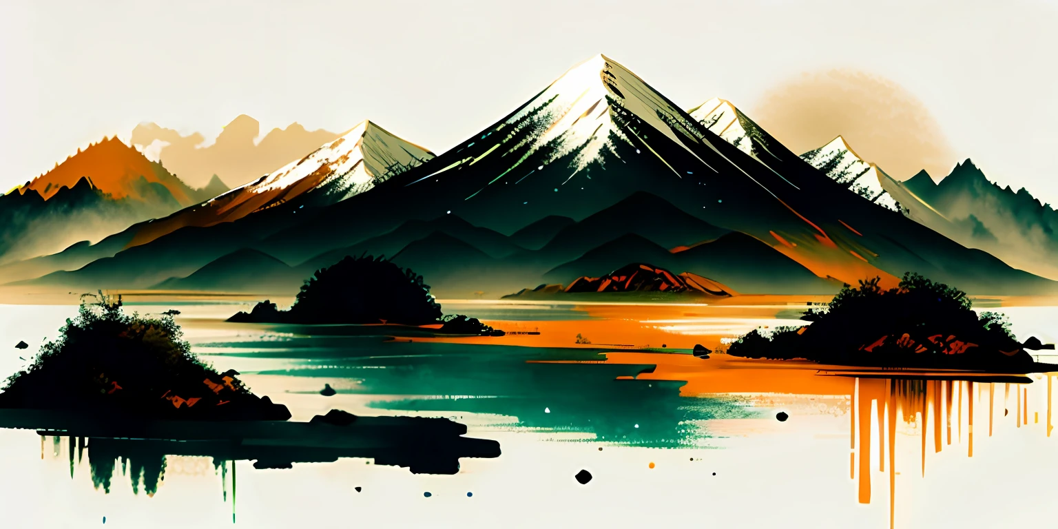 white background, scenery, ink, mountains, water, trees, BRIGHT YELLOW AND ORANGE HIGHLIGHTS