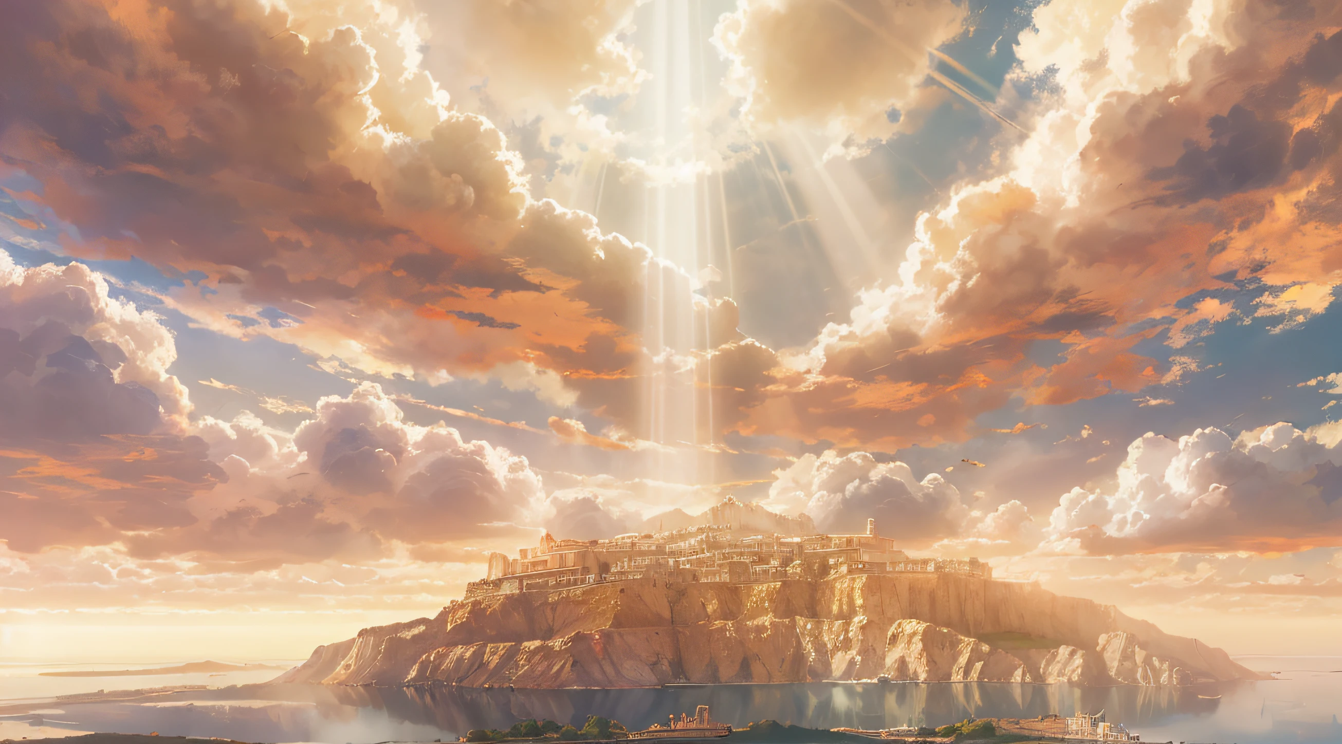"Majestic clouds gently illuminated by golden rays of sunlight, evoking the enchanting ambiance of Greek mythology's Mount Olympus, kissed by a gentle breeze, a look from above" --auto