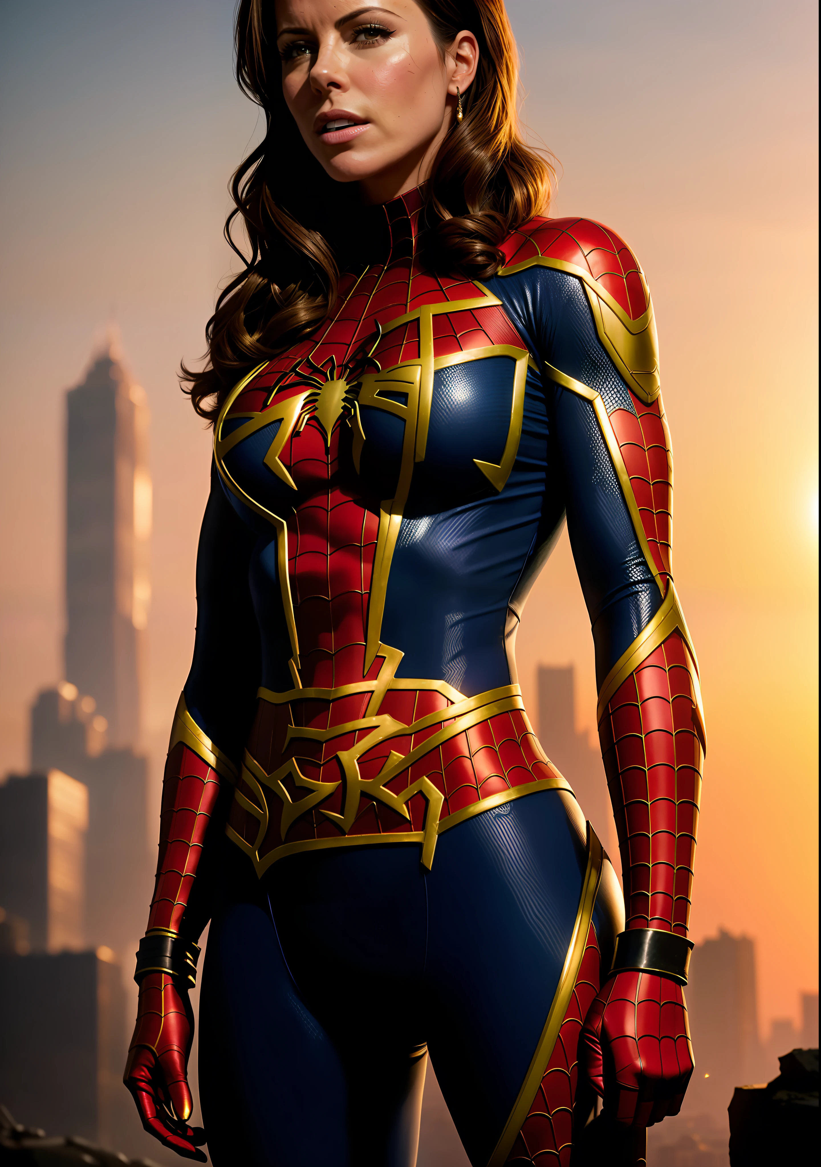Kate Beckinsale wearing detailed brown Spiderman costume, big breasts, superhero pose, standing in ruined city at sunset, super detailed, smoke, sparks, sunlight, (8k), realistic, symmetrical, repeated award winning, cinematic lightning, drenched, film, 75mm, scratched, full body, closeup, tattered clothes, detailed face,