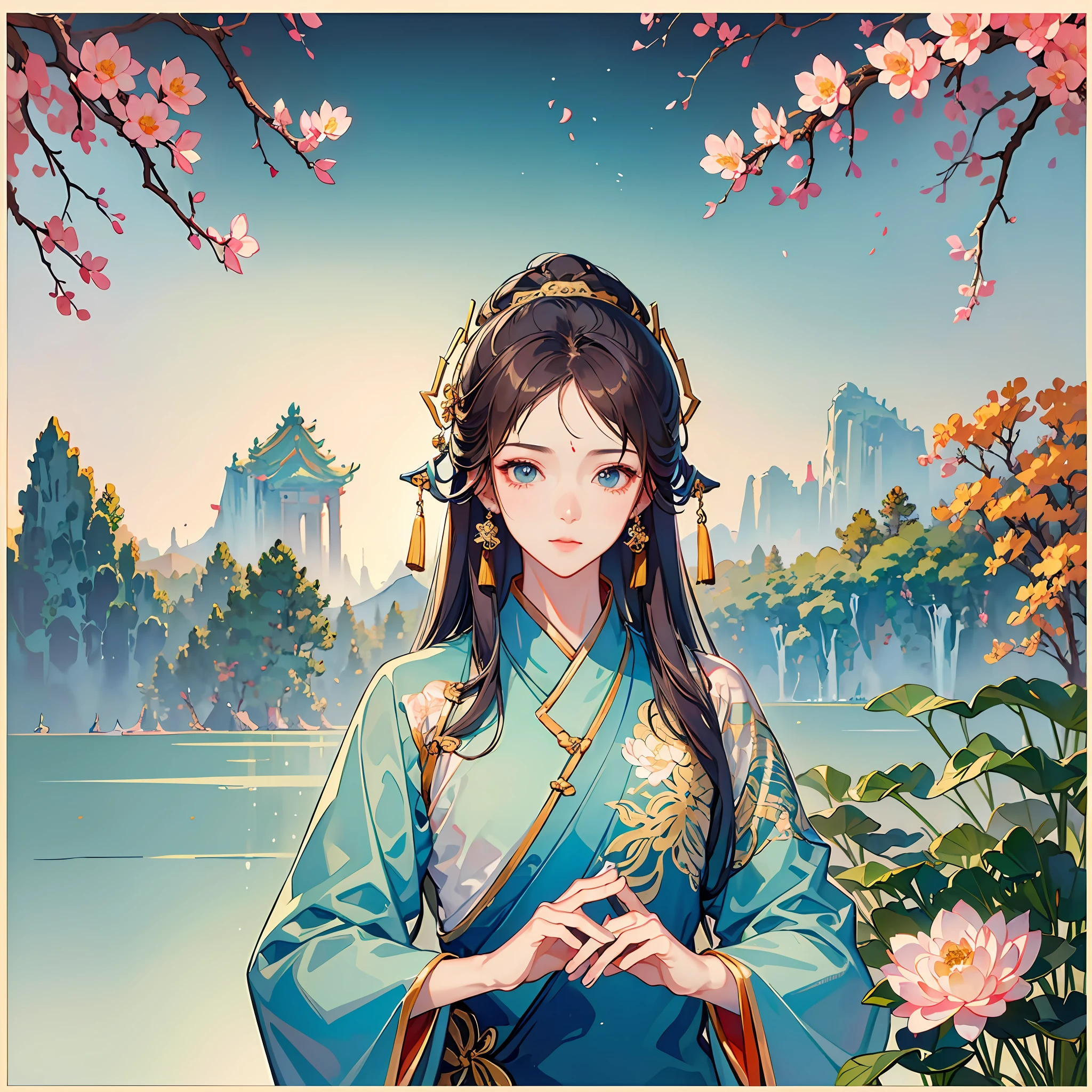((4k,masterpiece,best quality)), shuimobysim, Traditional chinese painting, lotuses, Hanfu, 1 handsome guy, 独奏, brunette color hair，white colors, Half-topless, The fish, Many fish close to handsome guys, looking at viewert, Titillating --auto