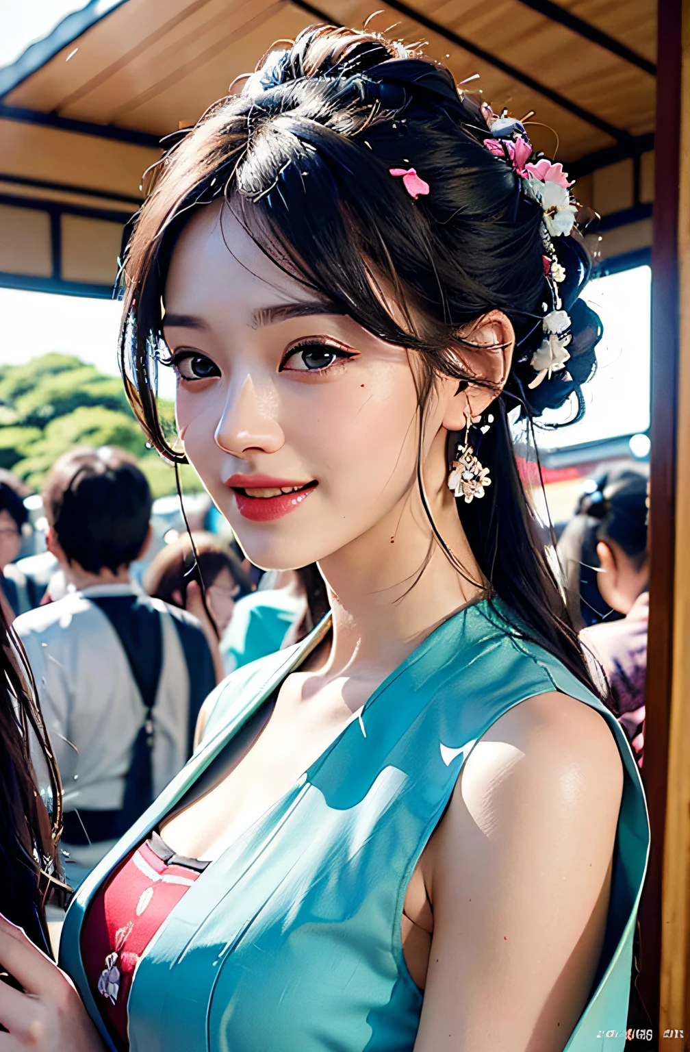 best qualtiy、masterpiece、photoRealstic、intricate-detail、Raw foto、Photon Rendering、Octane Rendering、absurderes、ultra-detailliert、A detailed face、Detailed skin、Trending in art stations、8K Masterpiece、lighting like a movie、( (1girl in))、((独奏) ))、CG Social Trends、Plastic En、((Black Long Hair))、((Beautuful Women))、(A smile)、Upper teeth、Fashionable、Hair that flutters in the wind、((Flowing hair))、fashion magazine、((A sexy))、((lighting like a movie)、((indirect lighting)、the woods、(ssex)、Grinning、(View from a distance)、((Festival of Japan))、