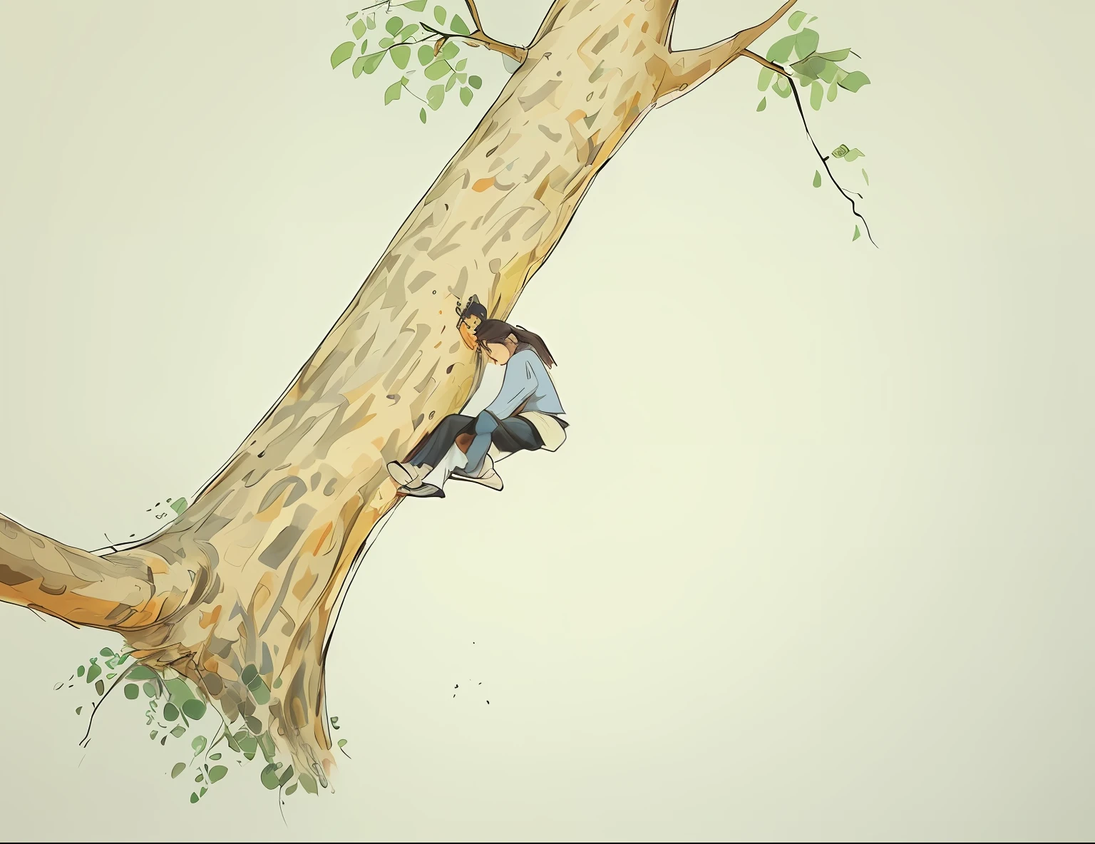 There is a painting,A girl sits in a tree, Climbing a tree, next to a tree, Sitting on a tree, Sit on a tree, Hanging from a tree, author:Middle Bokuhn, on trees, sitting under a tree, on trees, fubuki, with a tall tree, author:Rei Kamoi,