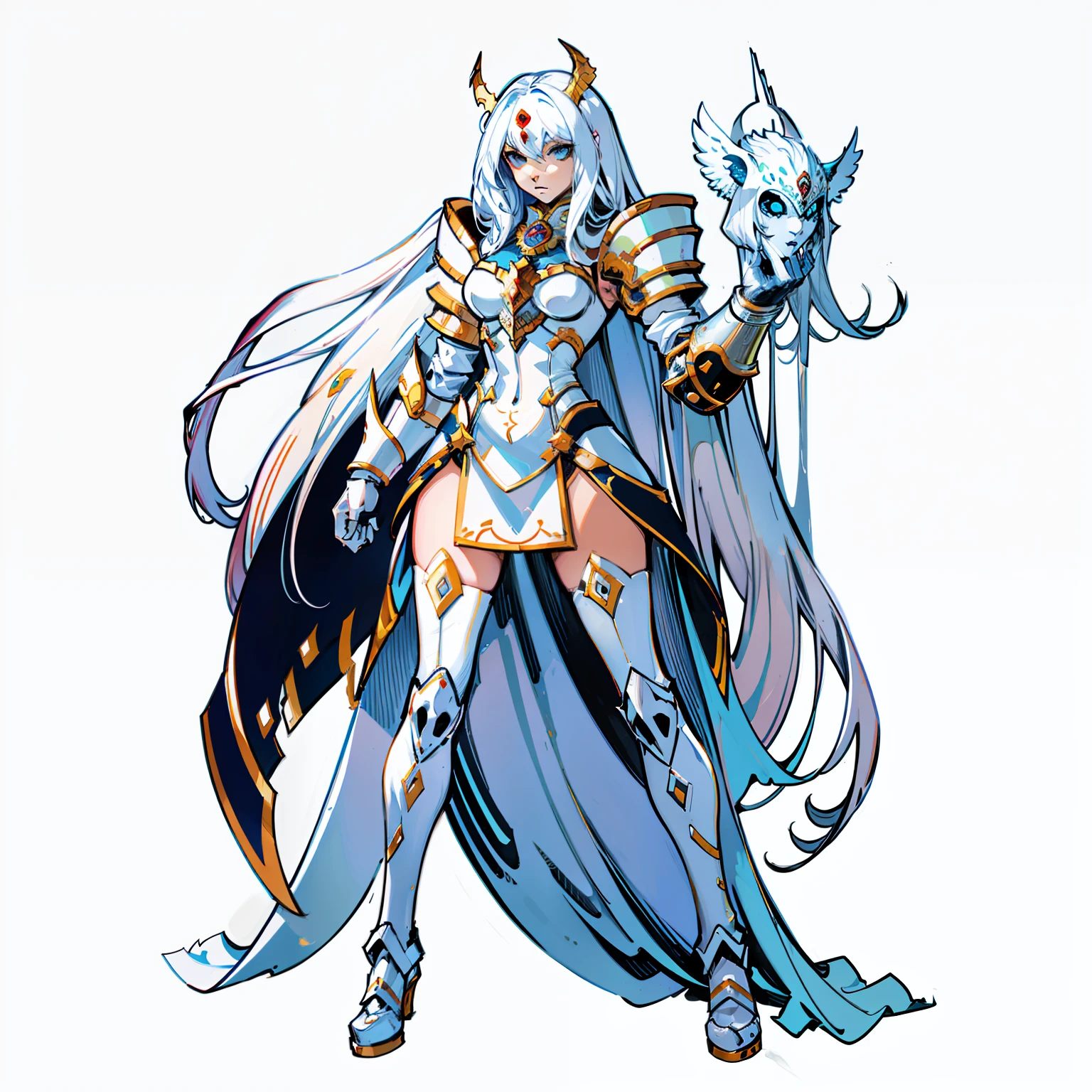 Guardian, Angel, lady , monster, white long hair, full body shot, no background, wearing armor, mask