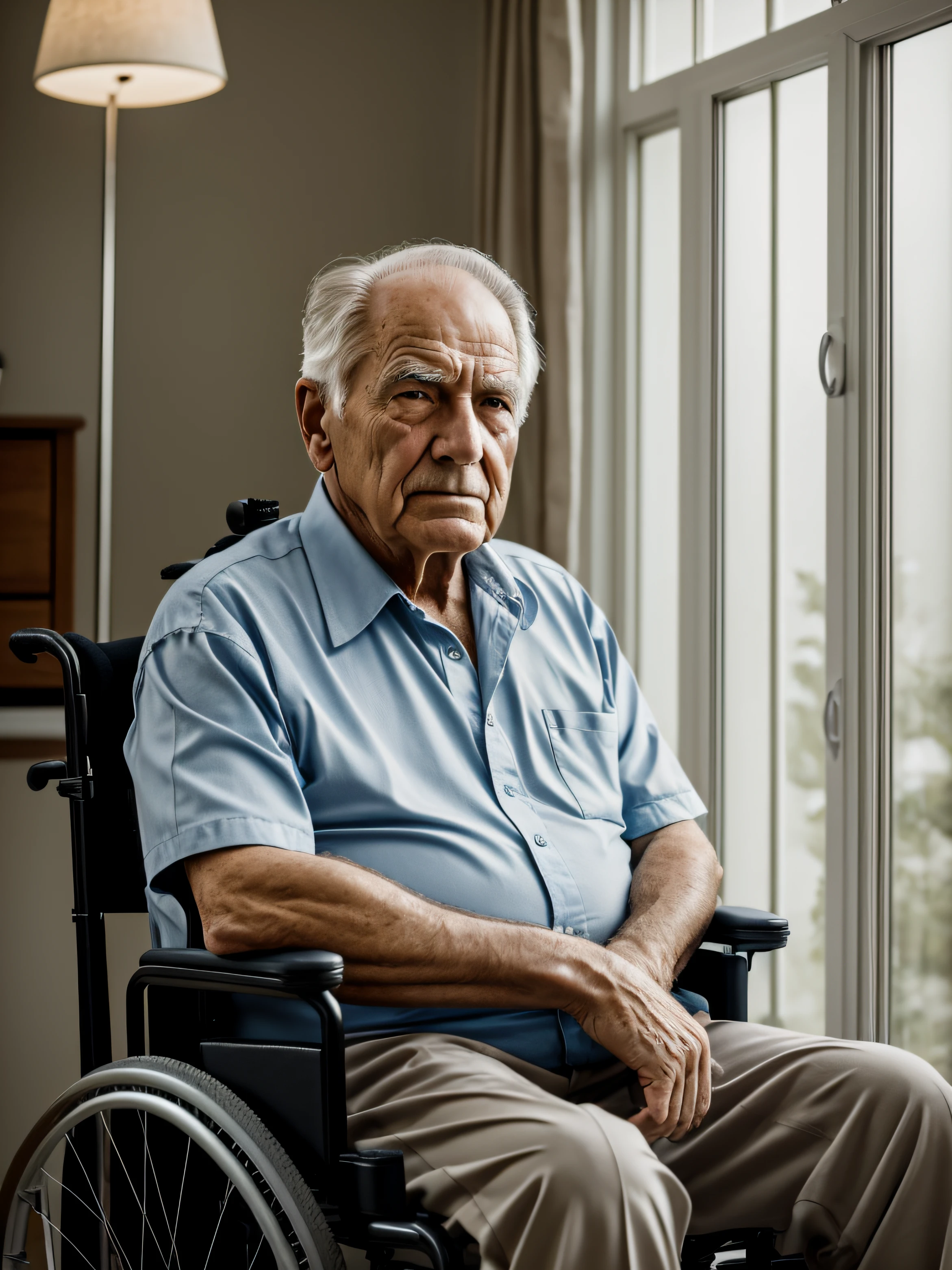 «»Step into the world of photorealism with a poignant portrayal of an elderly man, his face reflecting the weight of time and the burden of sadness, seated in a wheelchair. The scene takes place in a peaceful indoor setting, with soft natural light filtering through a window, casting gentle shadows on the man's weary features. His gray hair, once vibrant, now speaks of wisdom and experience. His eyes, filled with a lifetime of memories, gaze into the distance with a hint of melancholy. The wheelchair he sits in is a practical and functional model, providing the support he needs but unable to alleviate the emotional pain he carries. The camera shot type is a close-up, capturing the raw emotions etched on the man's face and allowing us to connect with his story. Camera lens: 50mm, offering a balanced and natural perspective. Resolution: 4K, providing a high level of detail to convey the emotions of the scene.»»