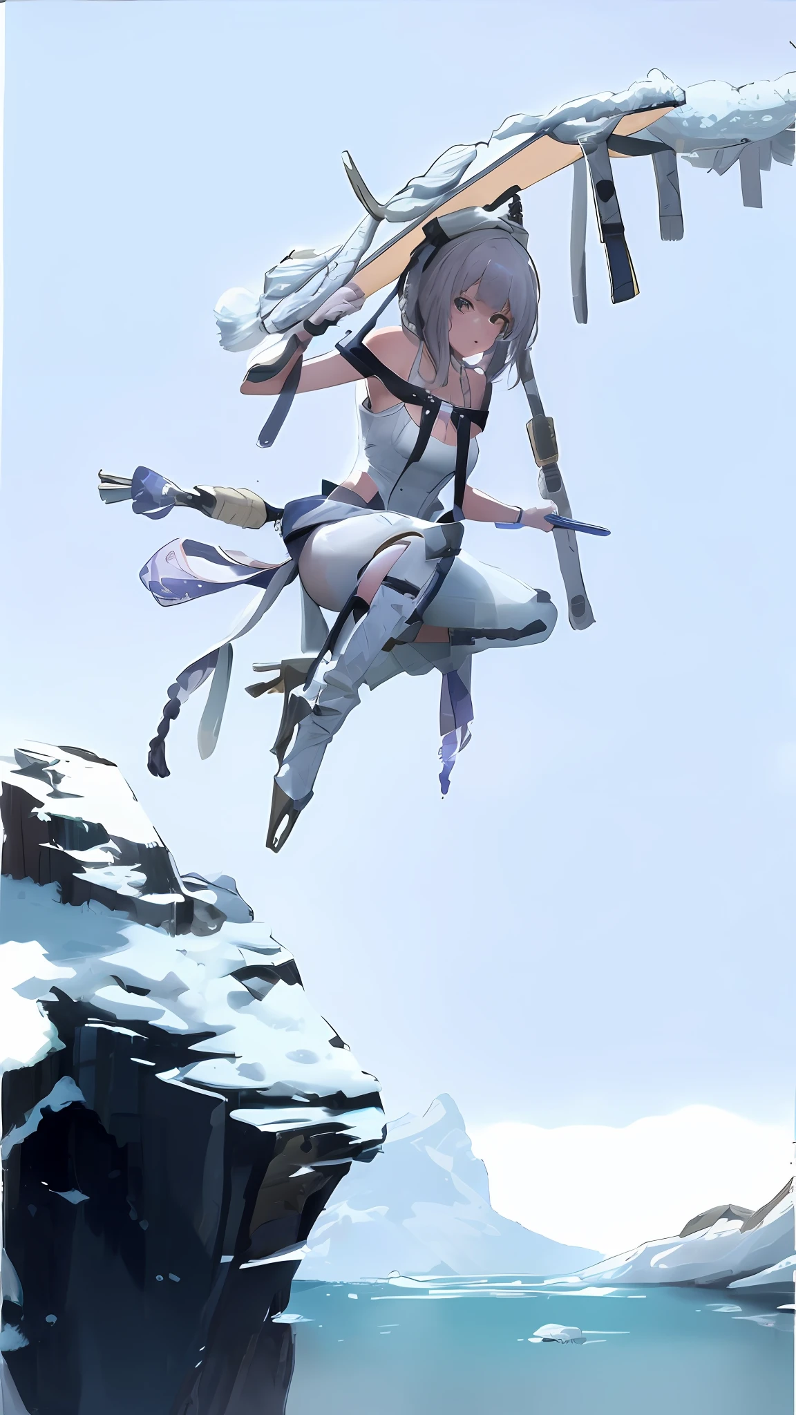 Girl jumps into the lake from the edge of a rocky cliff,Hold the hat with your hand,With a hat on,There is a hat on the head,The background is Takagawa ,ice field,mountain lakes,snowfield
