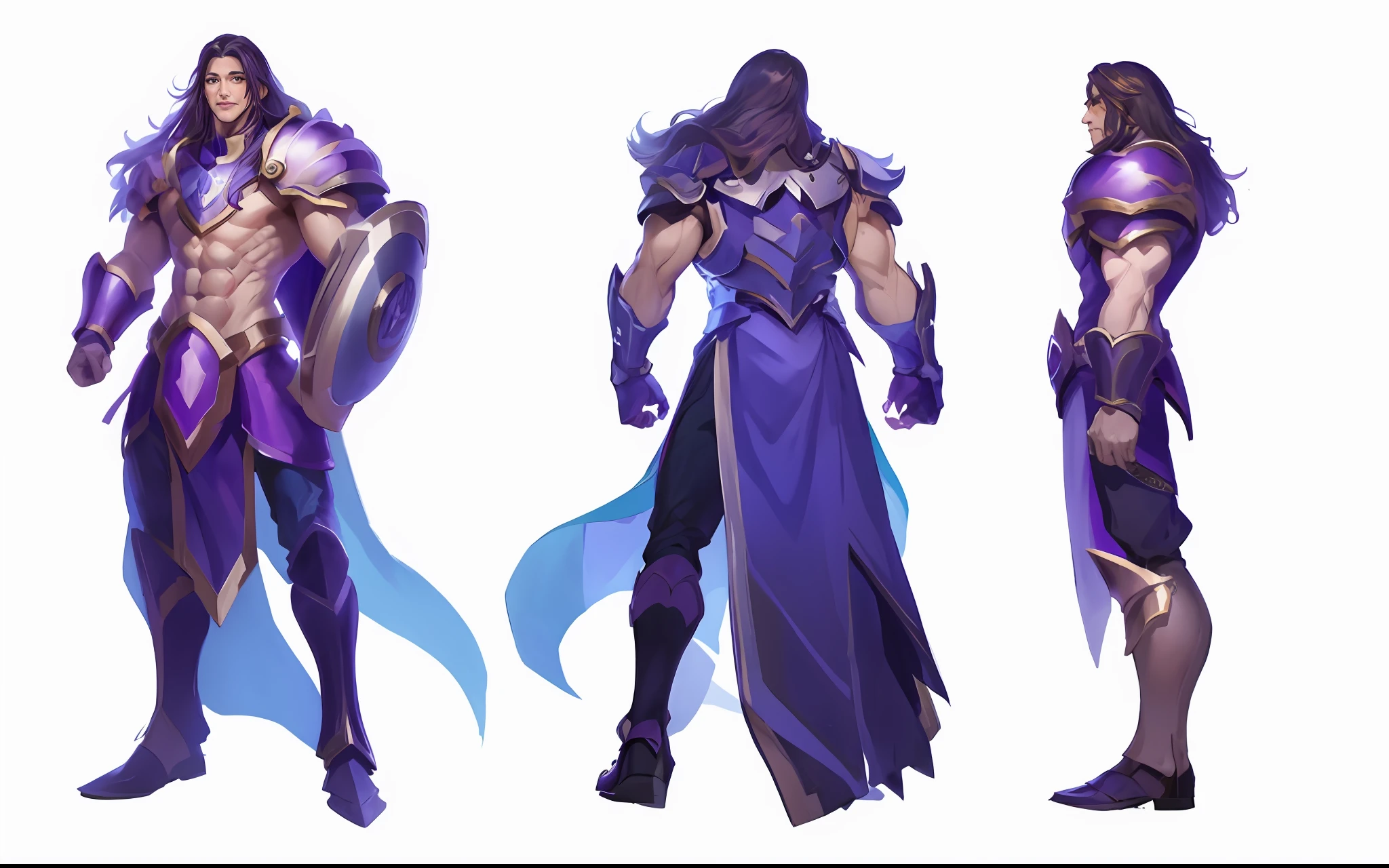 （Best image quality，超高分辨率，最好质量，ultraclear，Works of masters，）White background, League of Legends character, Full body portrait, Three views of the game's original art, frontage, on  back，Lateral face， Elegant and noble man with long hair, Tall figure, Eight-pack abs, With a smile, Smooth face, holding shield, Purple and blue armor