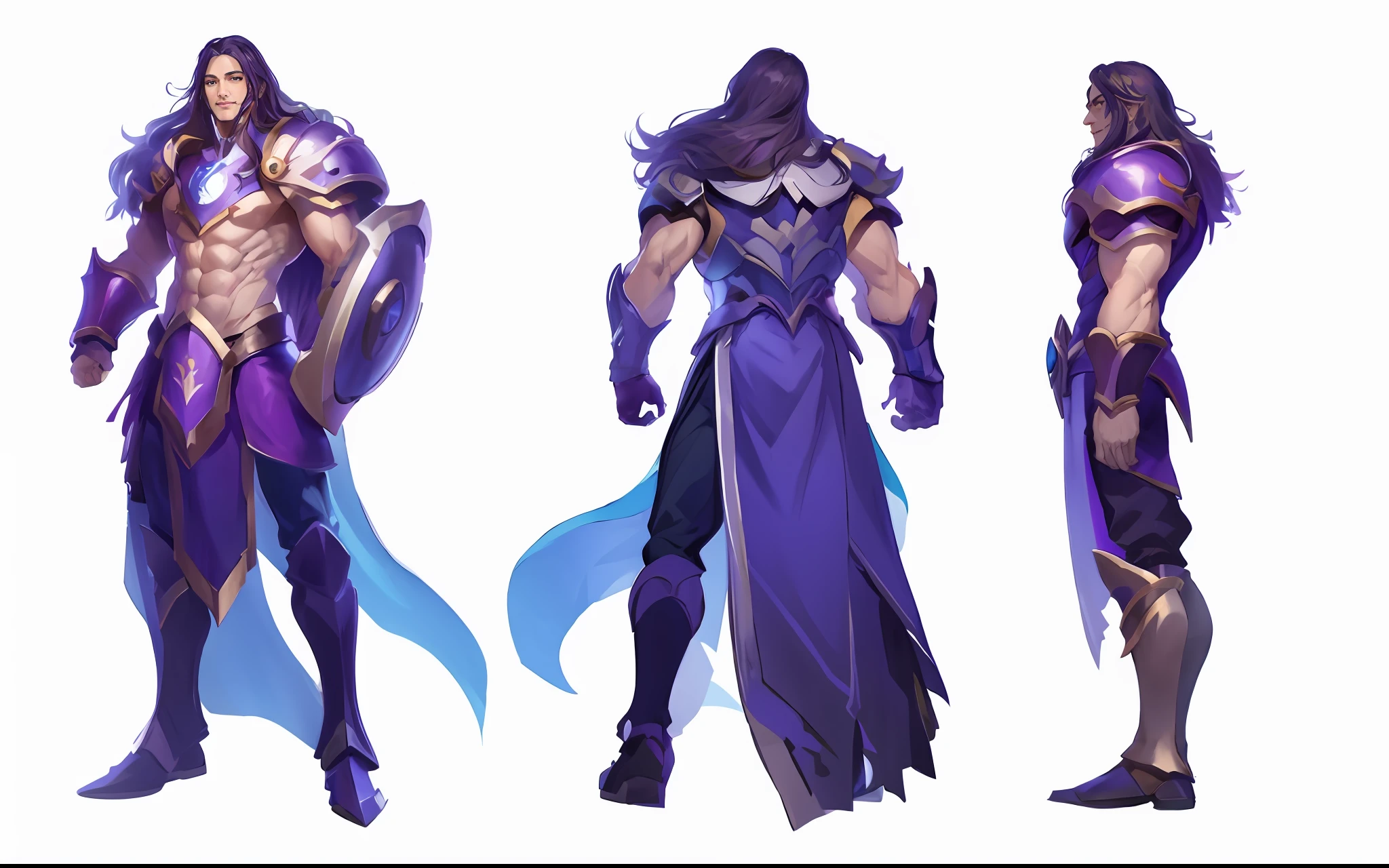 （Best image quality，超高分辨率，最好质量，ultraclear，Works of masters，）White background, League of Legends character, Full body portrait, Three views of the game's original art, frontage, on  back，Lateral face， Elegant and noble man with long hair, Tall figure, Eight-pack abs, With a smile, Smooth face, holding shield, Purple and blue armor