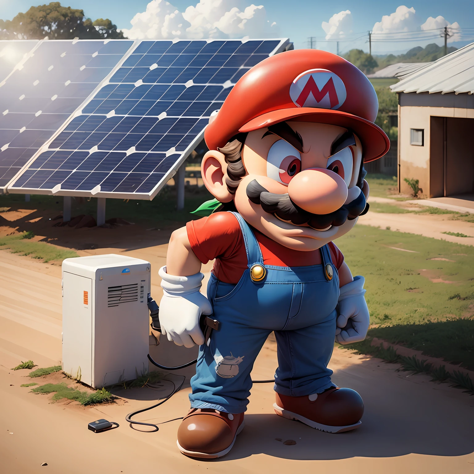 Character Mario next to a solar panel, Brazilian scenario, ultra realista