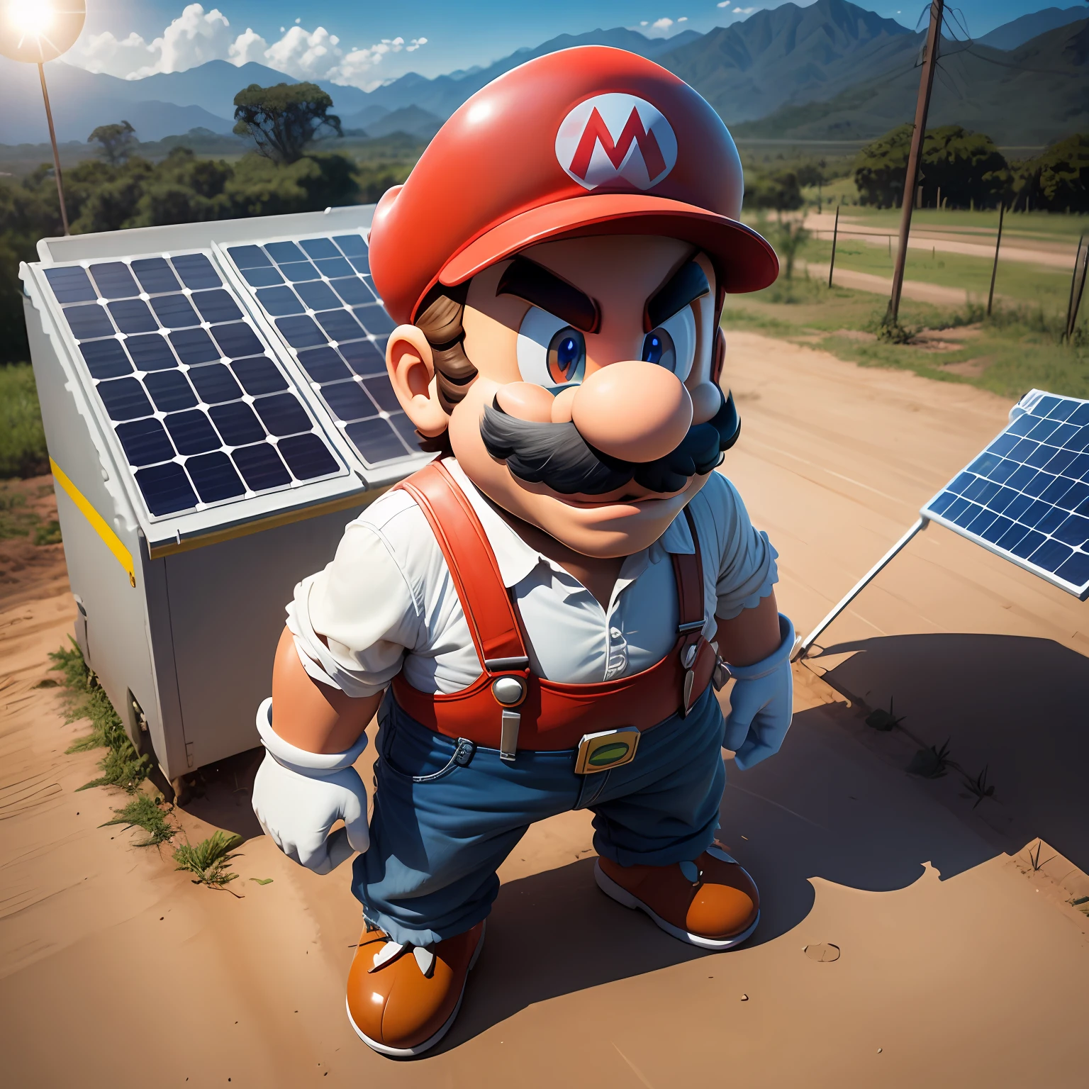 Character Mario next to a solar panel, Brazilian scenario, ultra realista