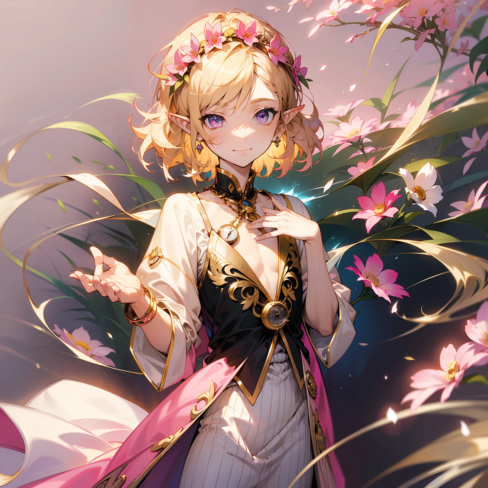 young man, twink, (((male))), (((man))), (((one person))), single, solo, (((very light blonde hair))), (((pink colored eyes))), (medium short hair), (chin-length hair), wavy hair, slim body, ((flat chest)), ((wearing fantasy clothes)), ((fantasy style)), ((wearing flowers in his hair)), (flowercrown), ((pointy ears)), sunny weather, smiling, (((light pink colored eyes))), (((casting a magic spell))), smooth skin, ((holding a small pocketwatch))