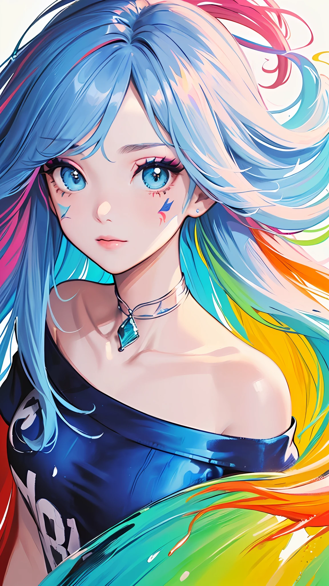 (Pink Fashion T-shirt:1.9),(Colorful hair: 1.8), (all the colours of the rainbow: 1.8),(((((vertical painting:1.6))), (painting:1.6),front, comics, illustrations, paintings, large eyes, crystal clear eyes,( rainbow color gradient high ponytail:1.7), exquisite makeup, closed mouth,(Small Fresh: 1.5),(Wipe Chest: 1.6) ,long eyelashes, white off shoulder T-shirt, White Shoulder Shirt,looking at the audience, large watery eyes, (rainbow colored hair:1.6), color splash, (solo:1.8), color splash, color explosion, thick paint style, messy lines, ((shining)),(colorful), (colorful), (colorful), colorful, Thick Paint Style, (Splash) (Color Splash), Vertical Painting, Upper Body, Paint Splash, Acrylic Pigment, Gradient, Paint, Highest Image Quality, Highest Quality, Masterpiece, Solo, Depth of Field, Face Paint, colorful clothes, (Elegant: 1.2), gorgeous,long hair, wind, (Elegant: 1.3), (Petals: 1.4),(((masterpiece))),(((best quality))),((ultra-detailed)),(illustration),(dynamic angle),((floating)),(paint),((disheveled hair)),(solo),(1girl) , (((detailed anima face))),((beautiful detailed face)),collar,bare shoulders,white hair, ((colorful hair)),((streaked hair)),beautiful detailed eyes,(Gradient color eyes),(((colorful eyes))),(((colorful background))),(((high saturation))),(((surrounded by colorful splashes))),