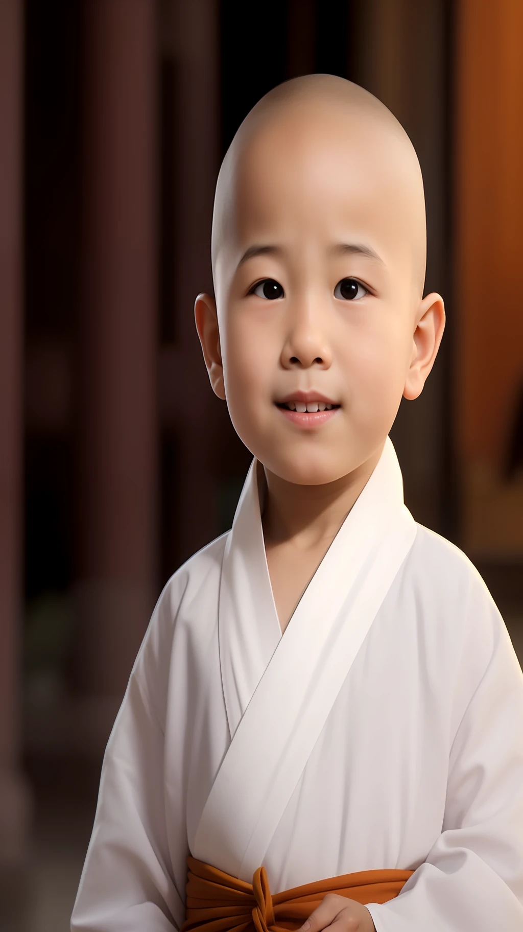 3 year old cute little monk meditating at the temple,ssmile,had his hands folded