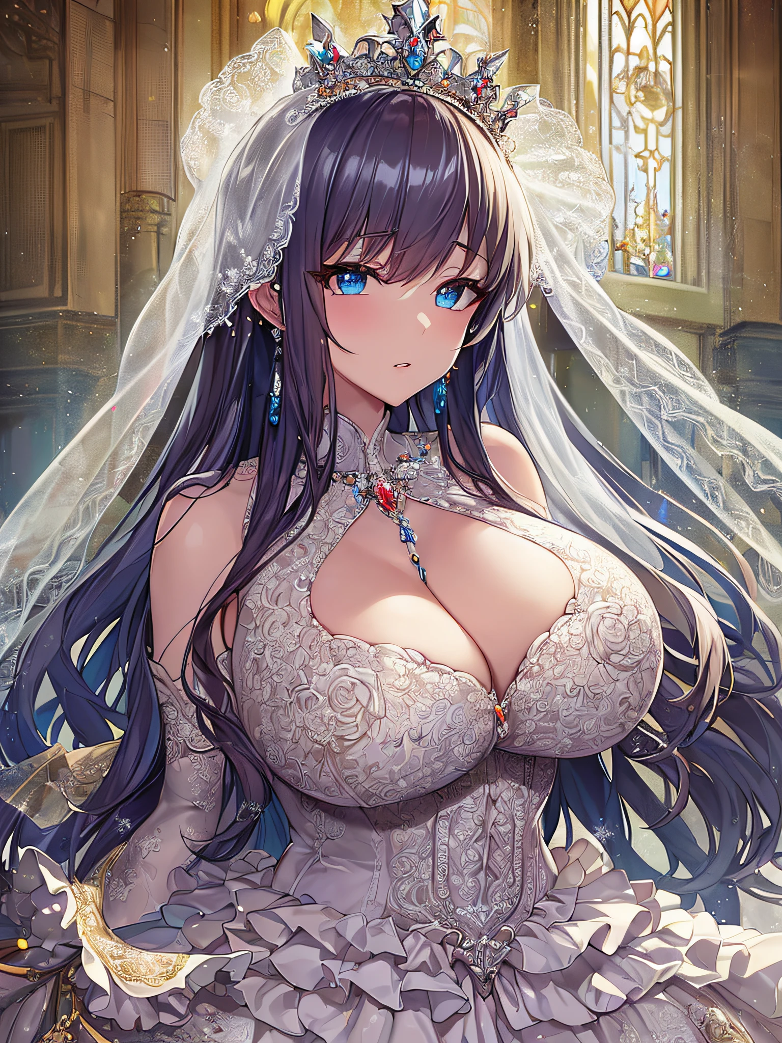 ((anime artstyle)),(Masterpiece),(Best Quality), (Super Detail),((Very Delicate and Beautiful)),Focus on character,Dynamic Angle,Looking at viewer,((Solo)),standing,((full body)),((one princess in gorgeousfull wedding dress with voluminous skirt)),((June bride)),detailed face and eyes,jewel-like eyes,((Very Long voluminous Hair)),gorgeous embroidery and lace,((gorgeous corsage)),See-through,(Gorgeous jewelry ornaments),luxury hair ornament,luxury tiara with jewels,ornate ruffles,((gigantic breasts,Long breasts)),indoor,church wedding,((full body)),hoop skirt,crinoline,very long wedding veil,(((gorgeous embroidery jeweled wedding dress)))