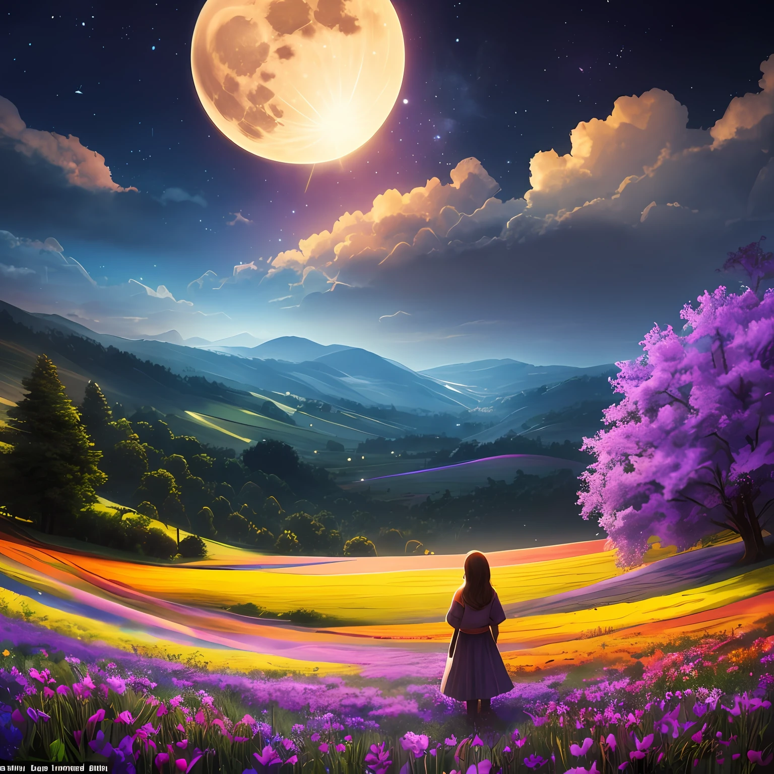 Vast landscape photo, (viewed from below, the sky is above and the open field is below), a girl standing on a flower field looking up, (full moon: 1.2), (meteor: 0.9), (nebula: 1.3), distant mountains , Trees BREAK Crafting Art, (Warm Light: 1.2), (Fireflies: 1.2), Lights, Lots of Purple and Orange, Intricate Details, Volumetric Lighting, Realism BREAK (Masterpiece: 1.2), (Best Quality), 4k, Ultra-Detailed, (Dynamic Composition: 1.4), Very Detailed, Colorful Details, (Rainbow Colors: 1.2), (Glow Lighting, Atmospheric Lighting), Dreamy, Magical, (Solo: 1.2) --auto