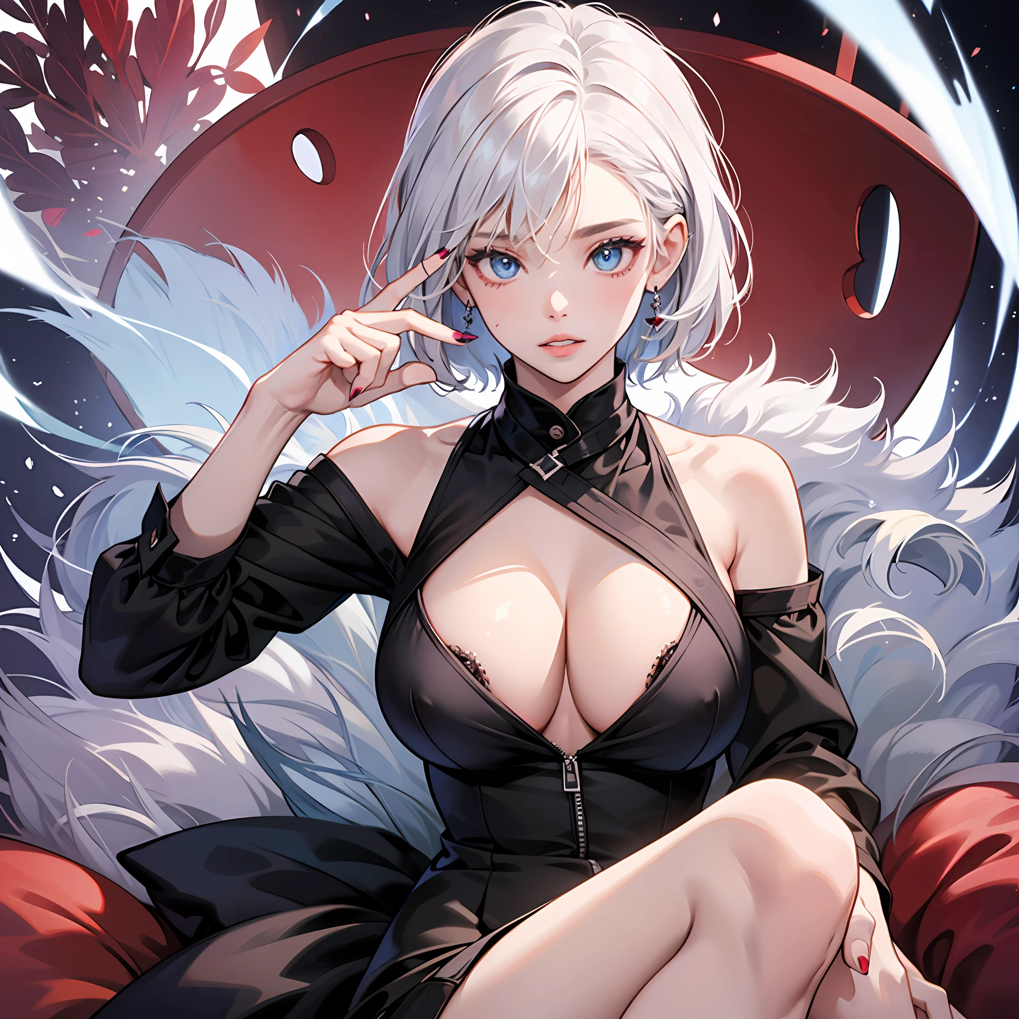 （tmasterpiece）， best qualityer， 1girll， middle finger， 独奏， eBlue eyes， white color hair， short detailed hair， nedium breasts，big cleavage breasts， cparted lips， black shirt， The shirt， jewely， looking at viewert， nipple piercing， nail polish， exposed bare shoulders --auto